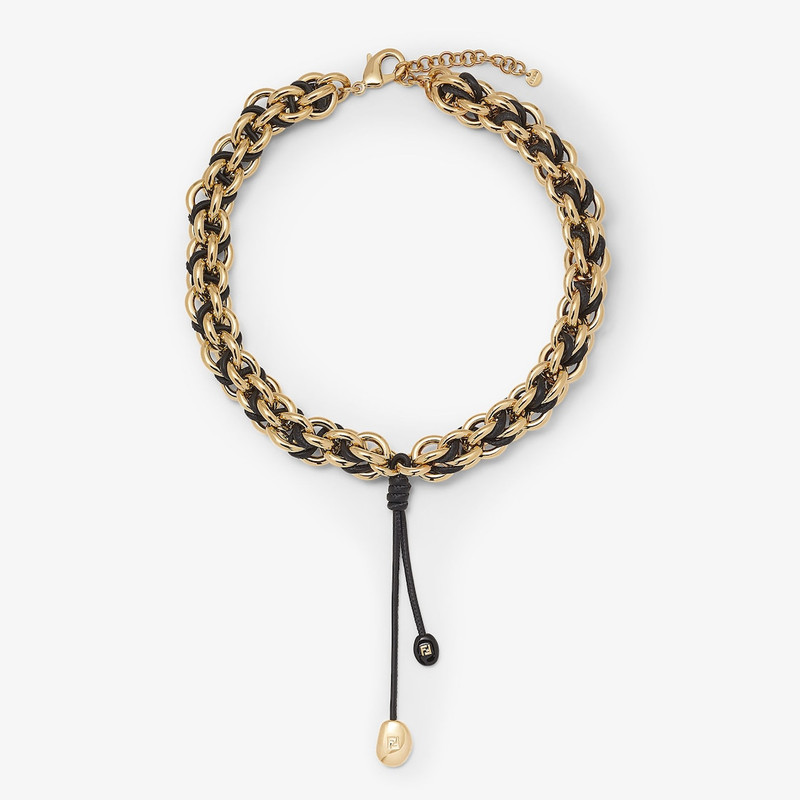 Fendi Candy Necklace Gold-colored metal and black leather necklace 1