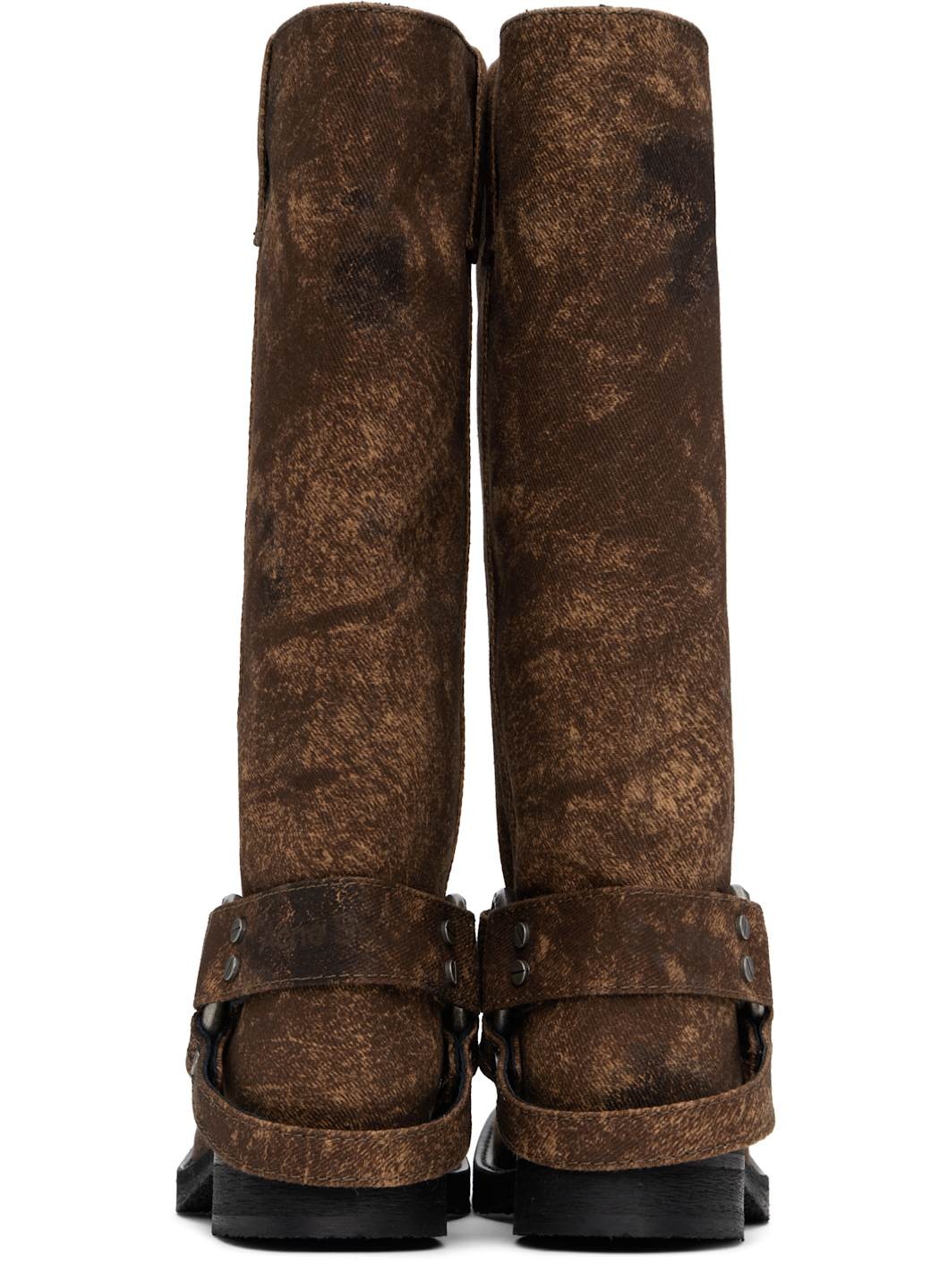 Brown Buckle Denim Tall Boots - 2