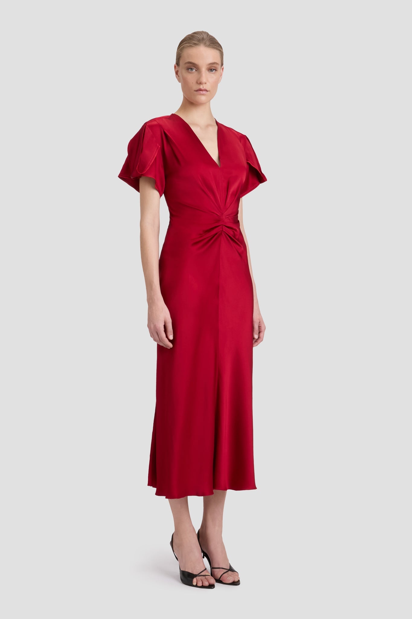 Gathered V-Neck Midi Dress In Rose - 3