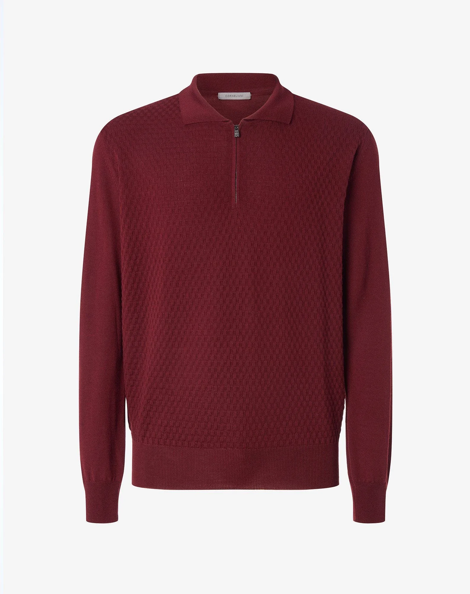 Dark red long-sleeved zip-up polo shirt made from pure extra fine wool - 1