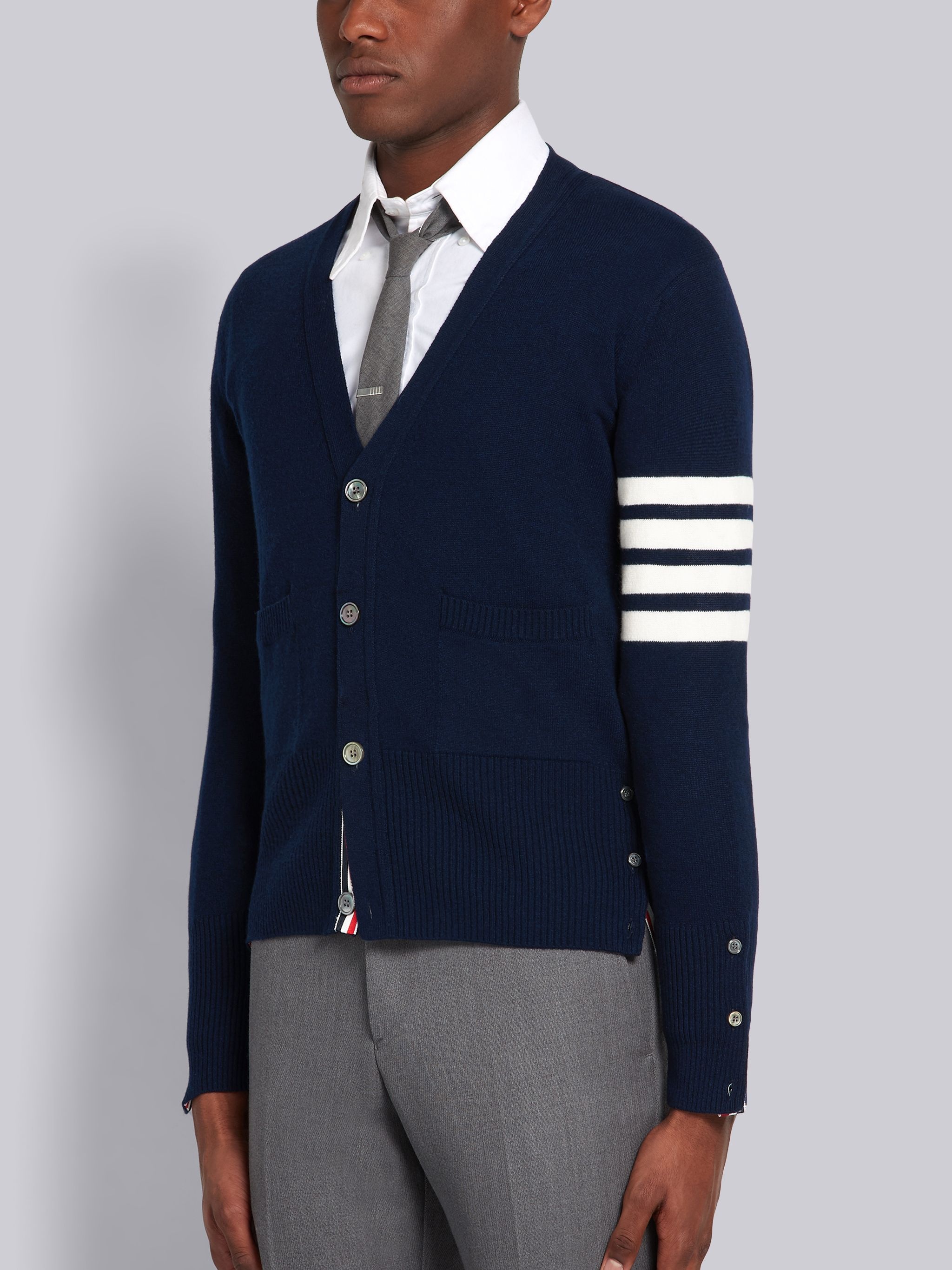 Navy Cashmere 4-bar V-neck Cardigan - 2