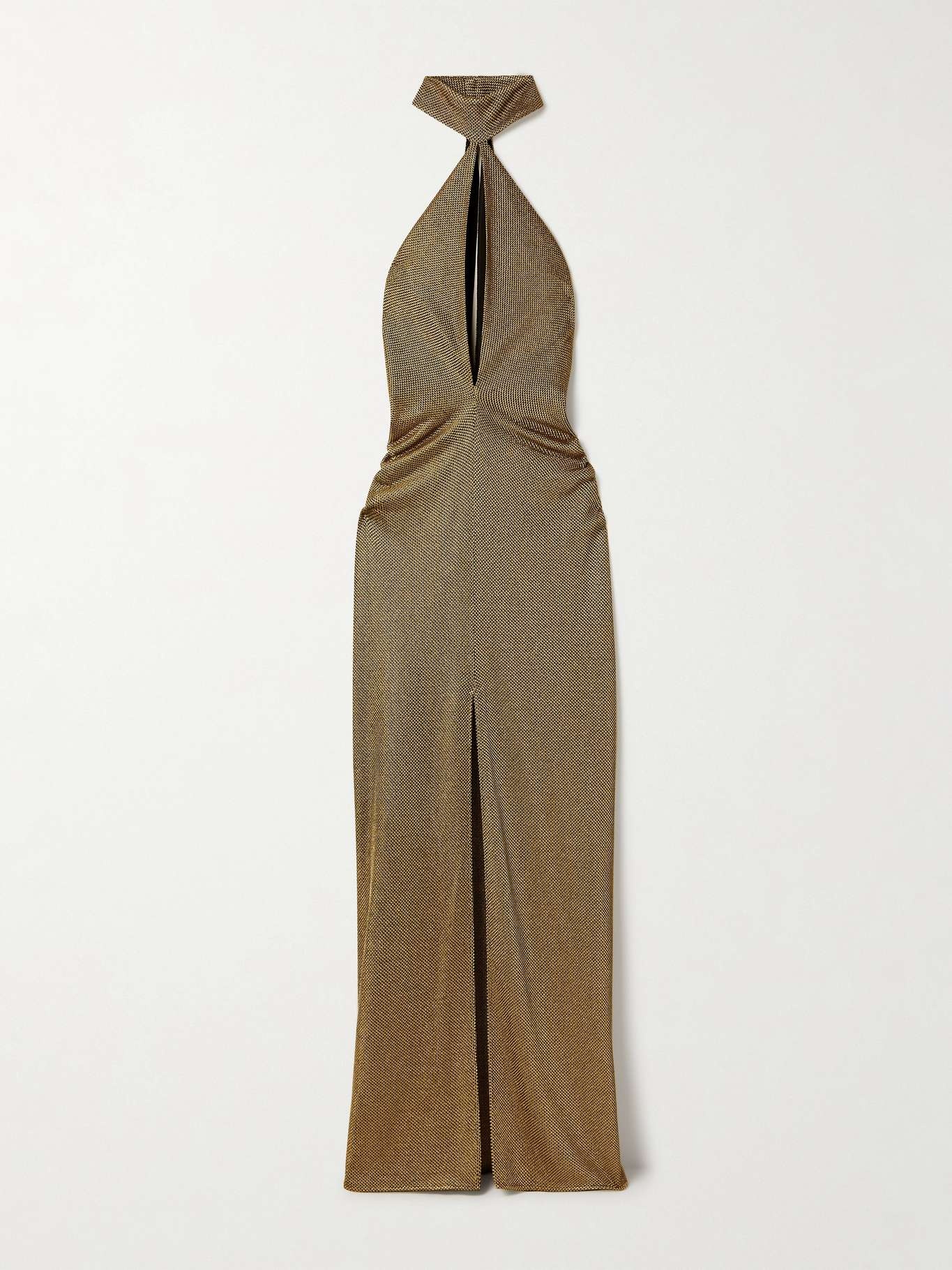 Cutout metallic stretch-knit halterneck gown - 1