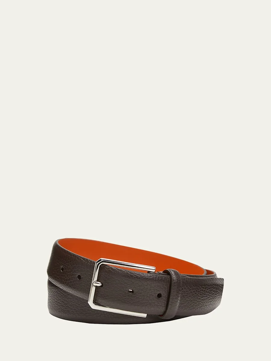 Men's Rectangle Buckle Grained Leather Belt - 1