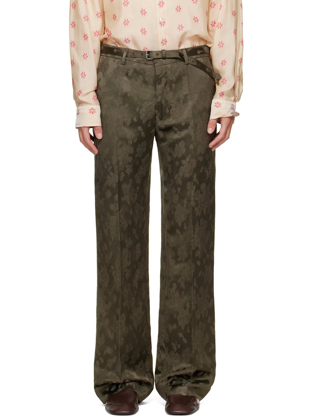 Khaki Belted Floral Jacquard Trousers - 1