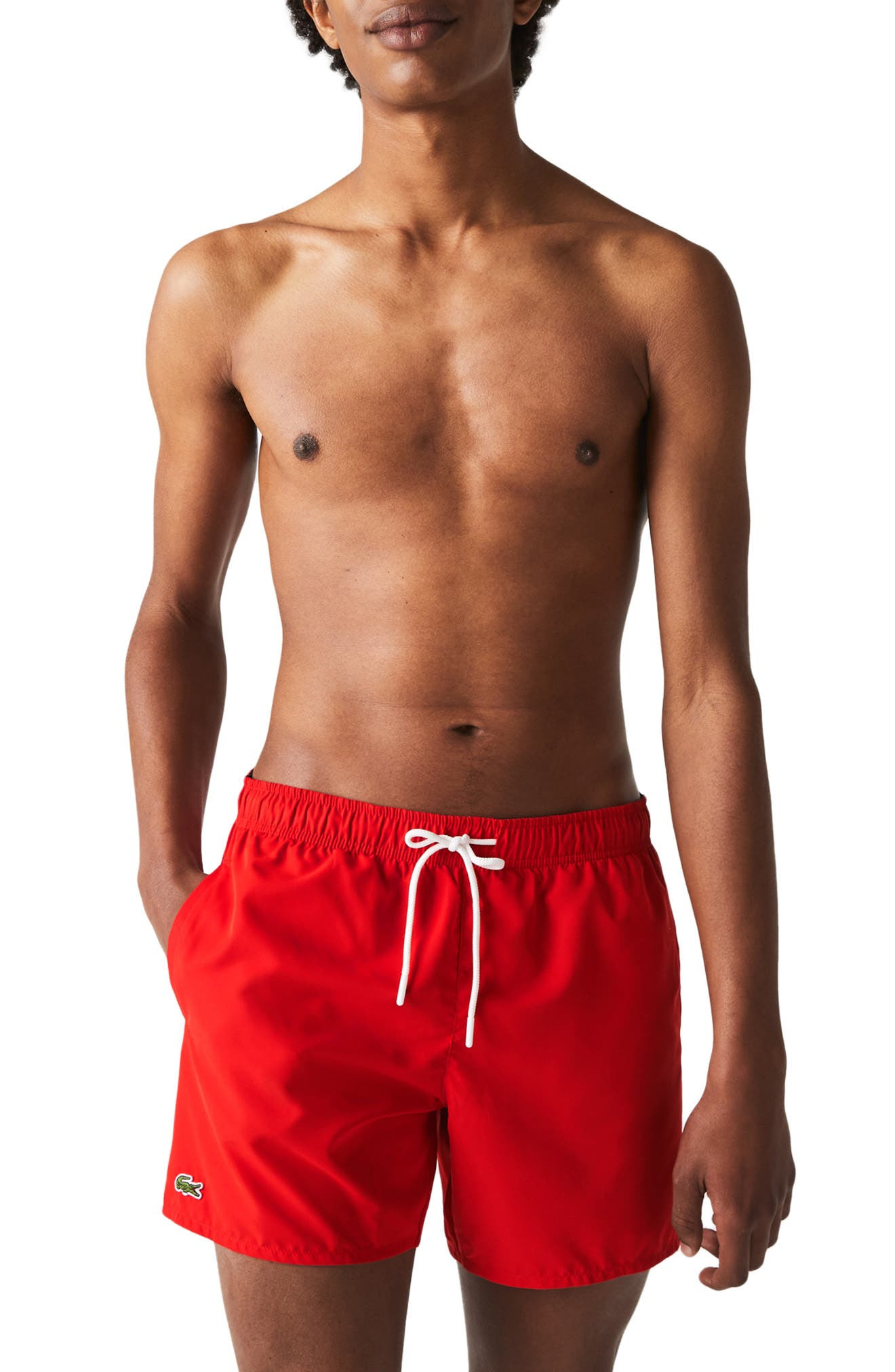 Lacoste Recycled Polyester Swim Trunks in 528 Red/Navy Blue at Nordstrom - 1