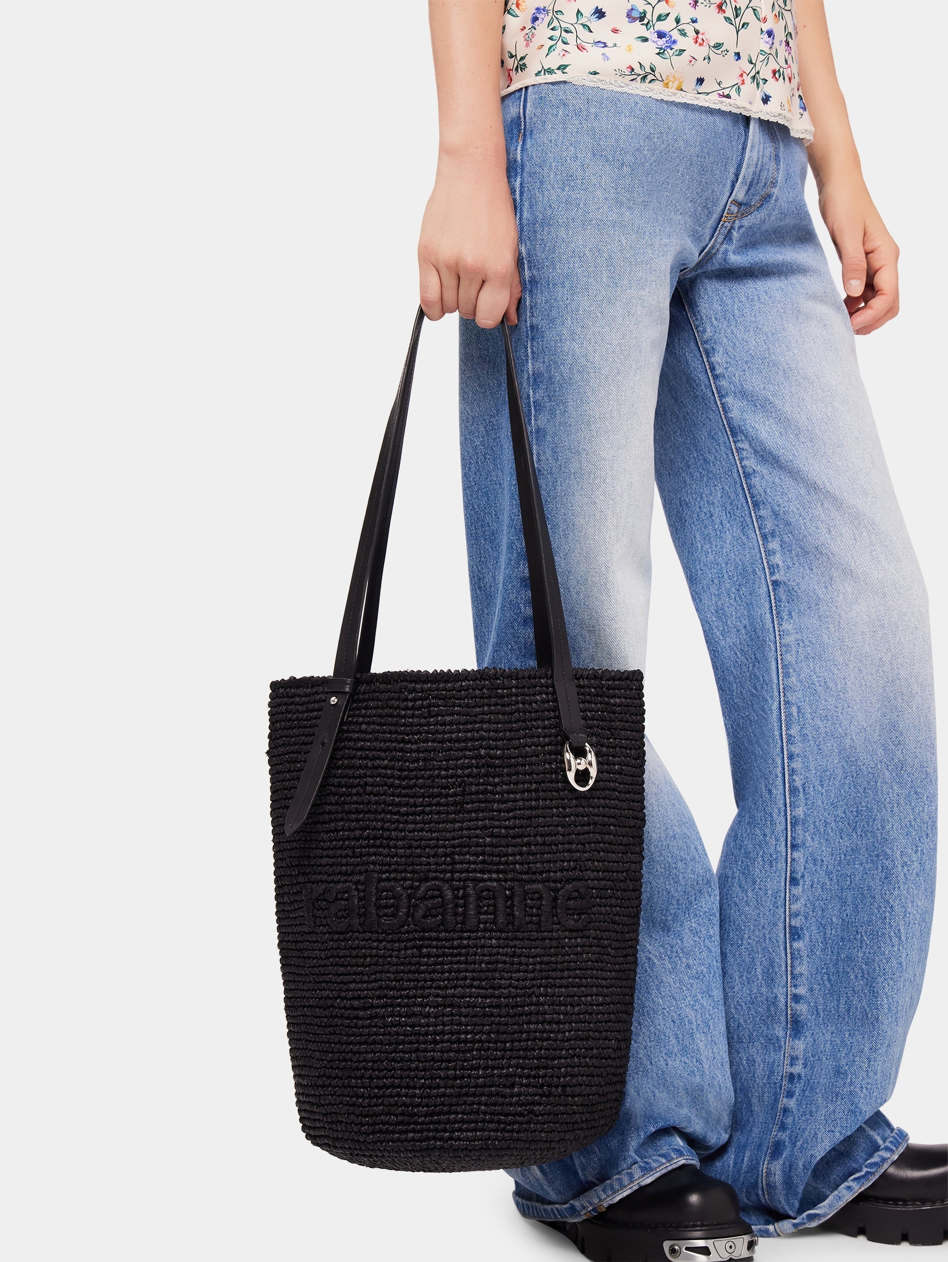 BLACK RAFFIA TOTE BAG WITH LOGO - 4