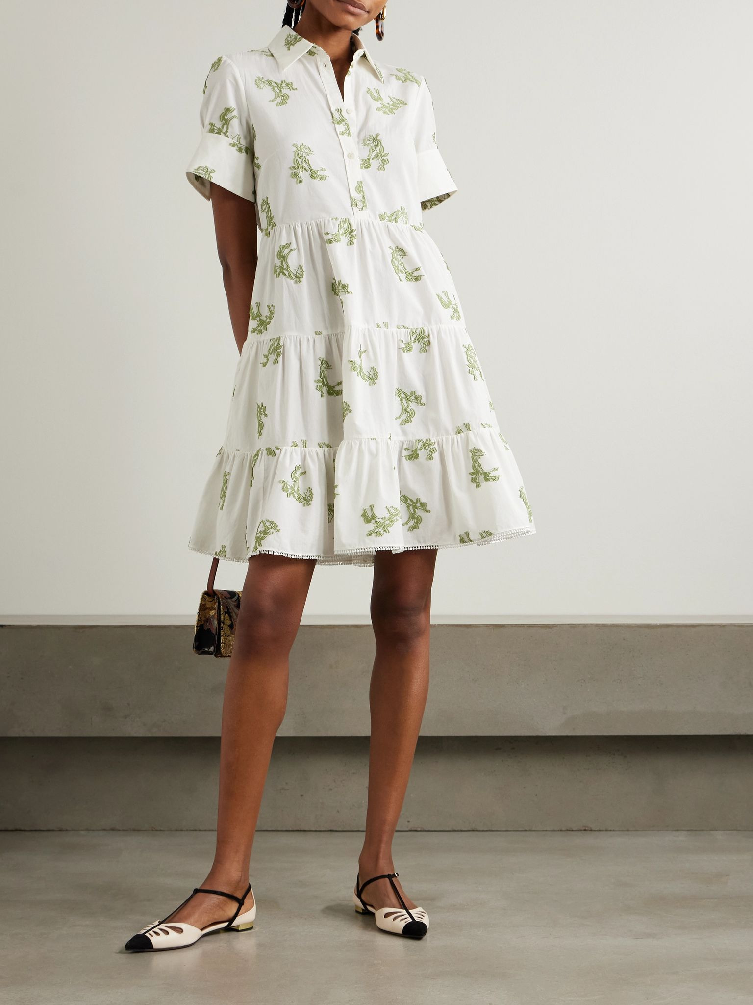 Embroidered gathered fil coupé cotton mini dress Ivory - 2