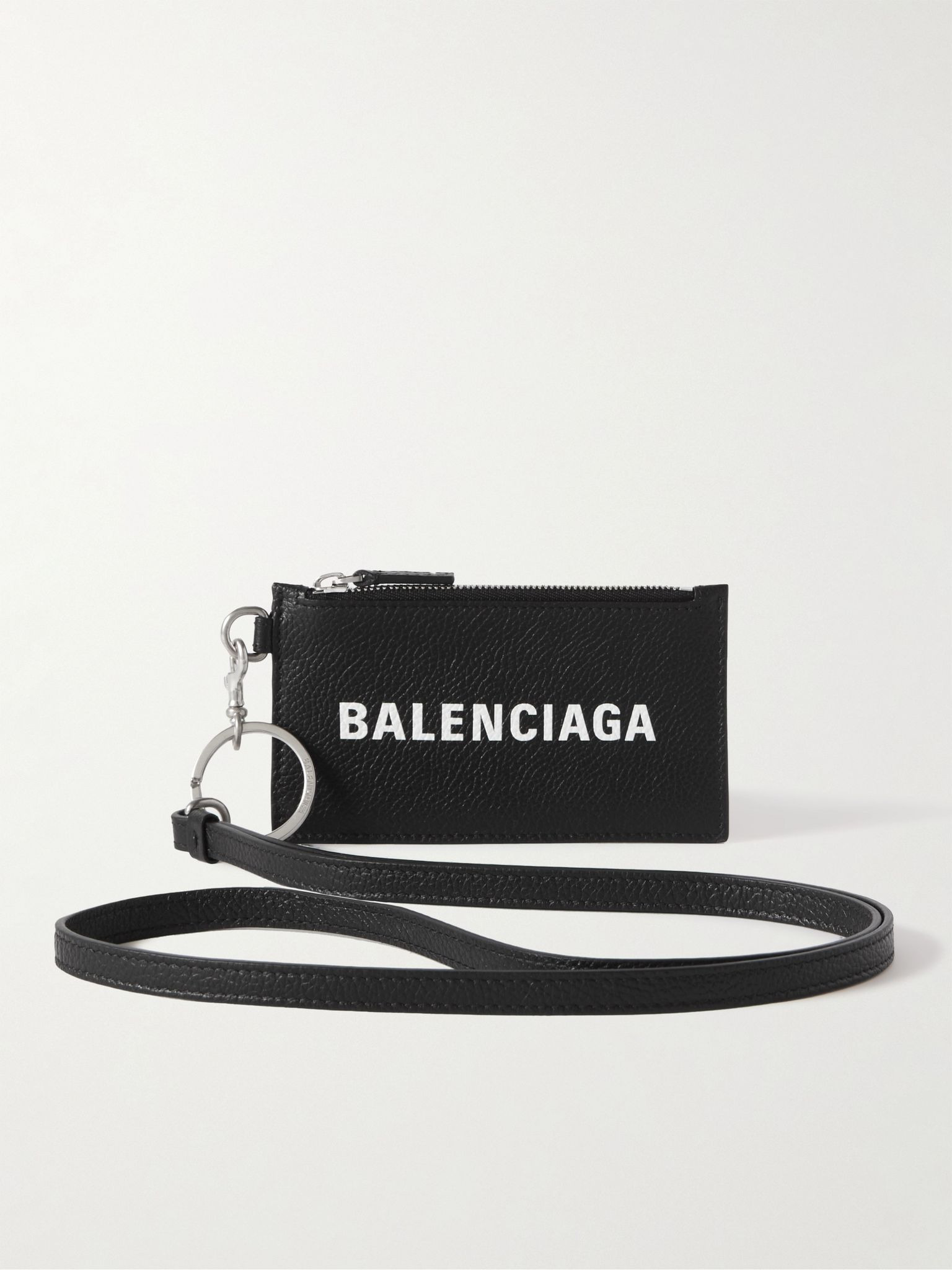 Logo-Print Full-Grain Leather Cardholder with Lanyard Black - 1