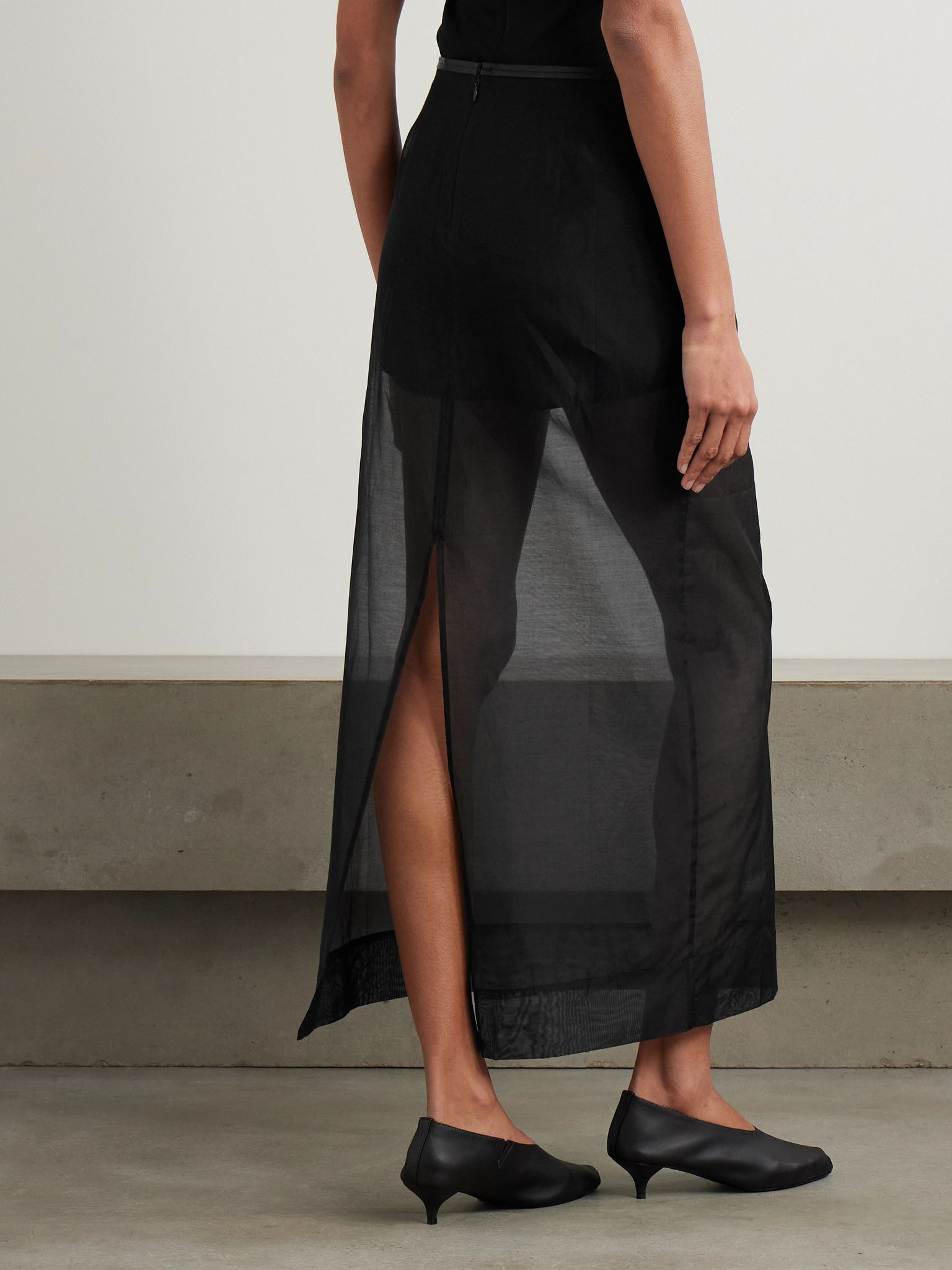 Leather-trimmed organic cotton-blend tulle maxi skirt Black - 3