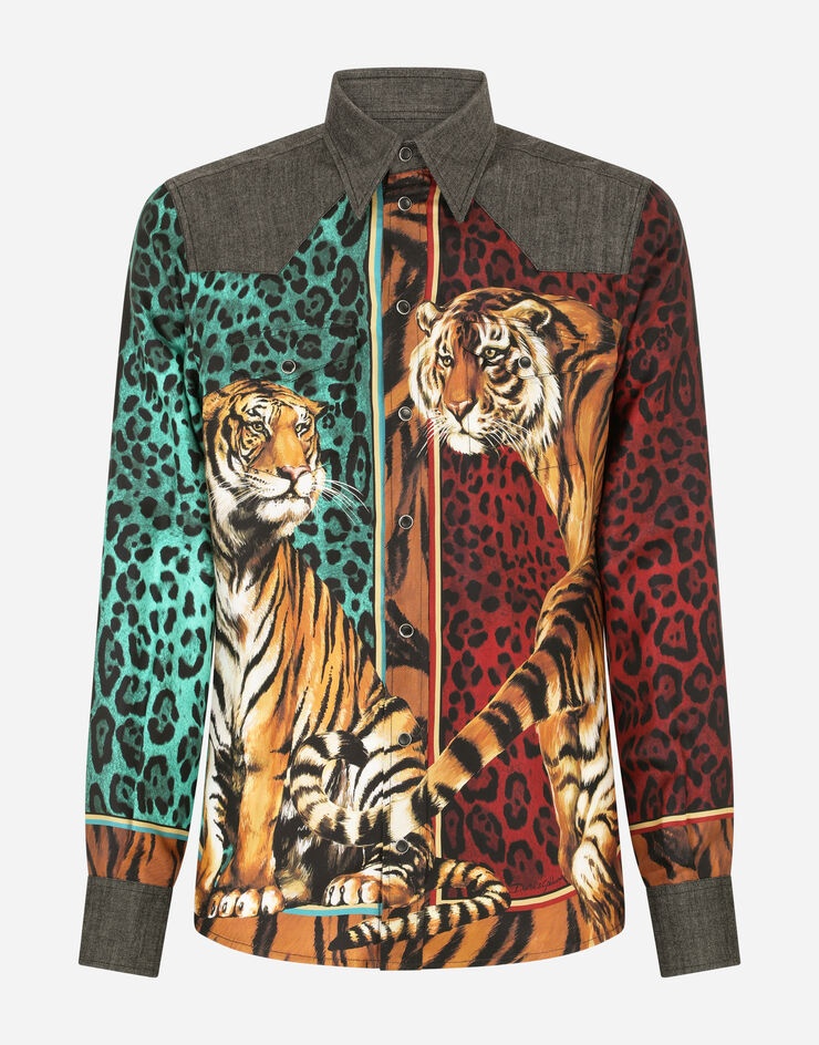 Silk twill and denim shirt with tiger print - 3