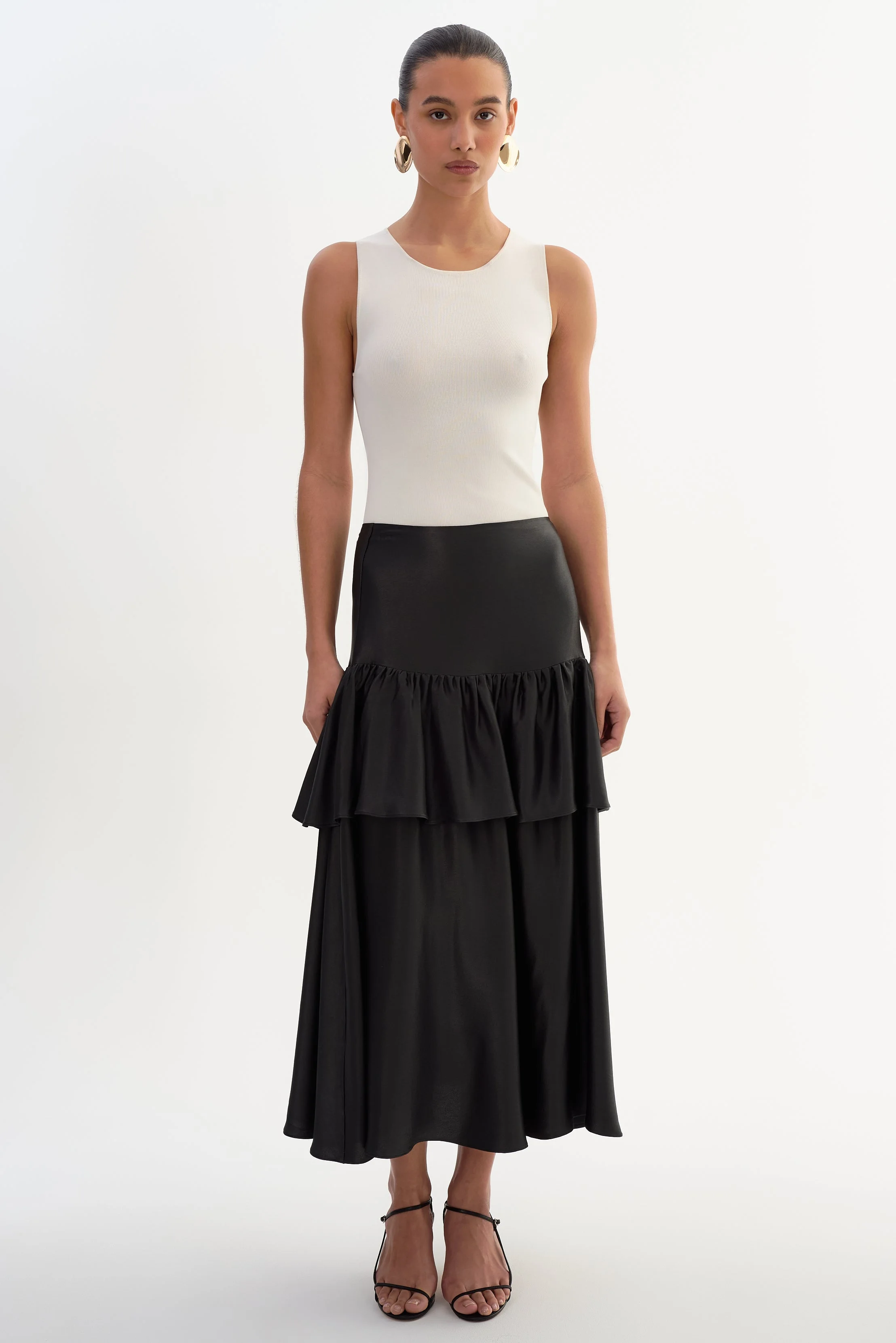 CHALINA | Ruffle Satin Midi Skirt - 1