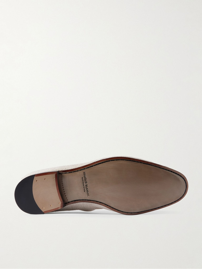 Manolo Blahnik Modena Leather-Trimmed Linen-Twill Loafers Off-white outlook