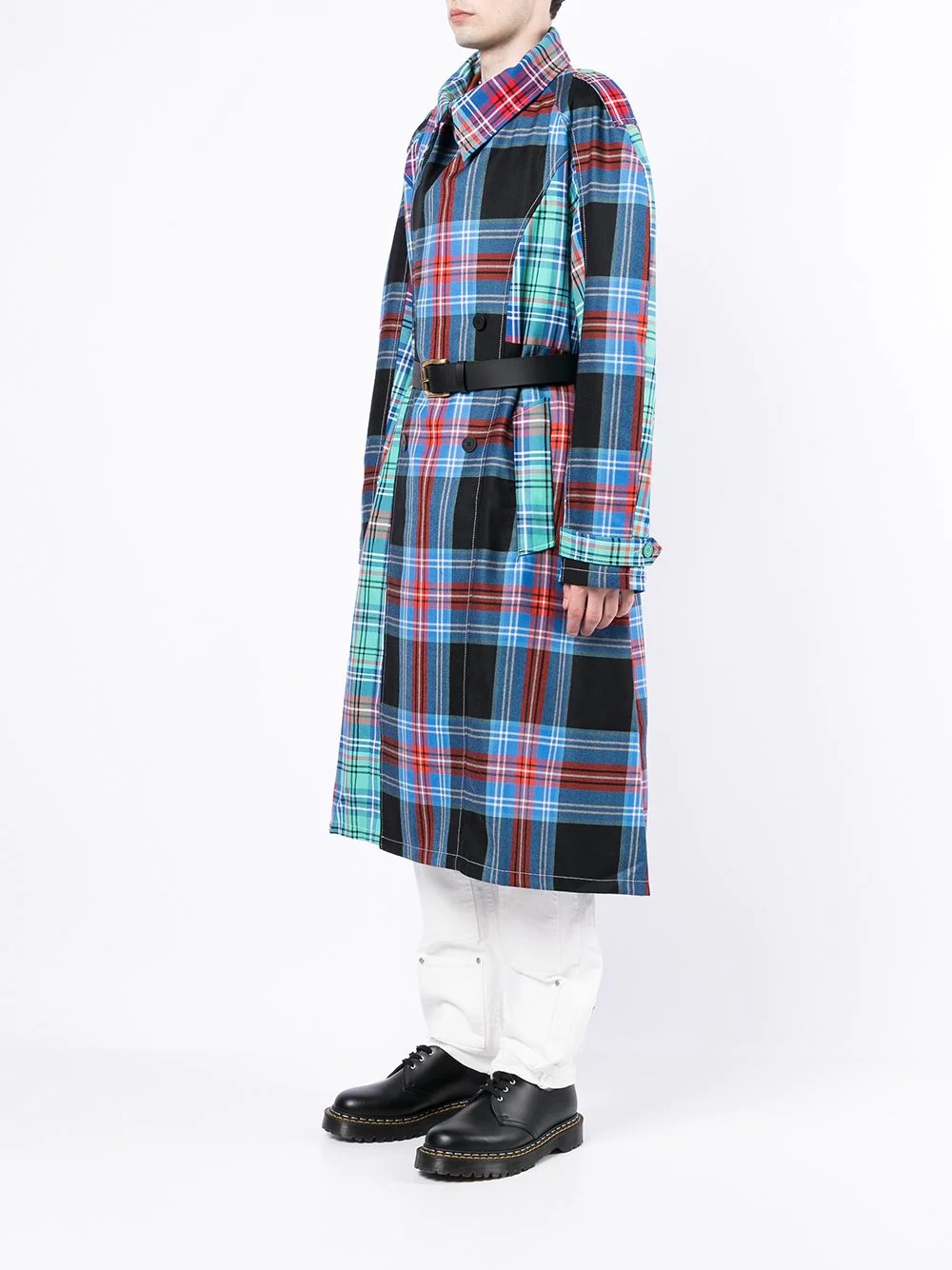 tartan-print belted trench coat - 3