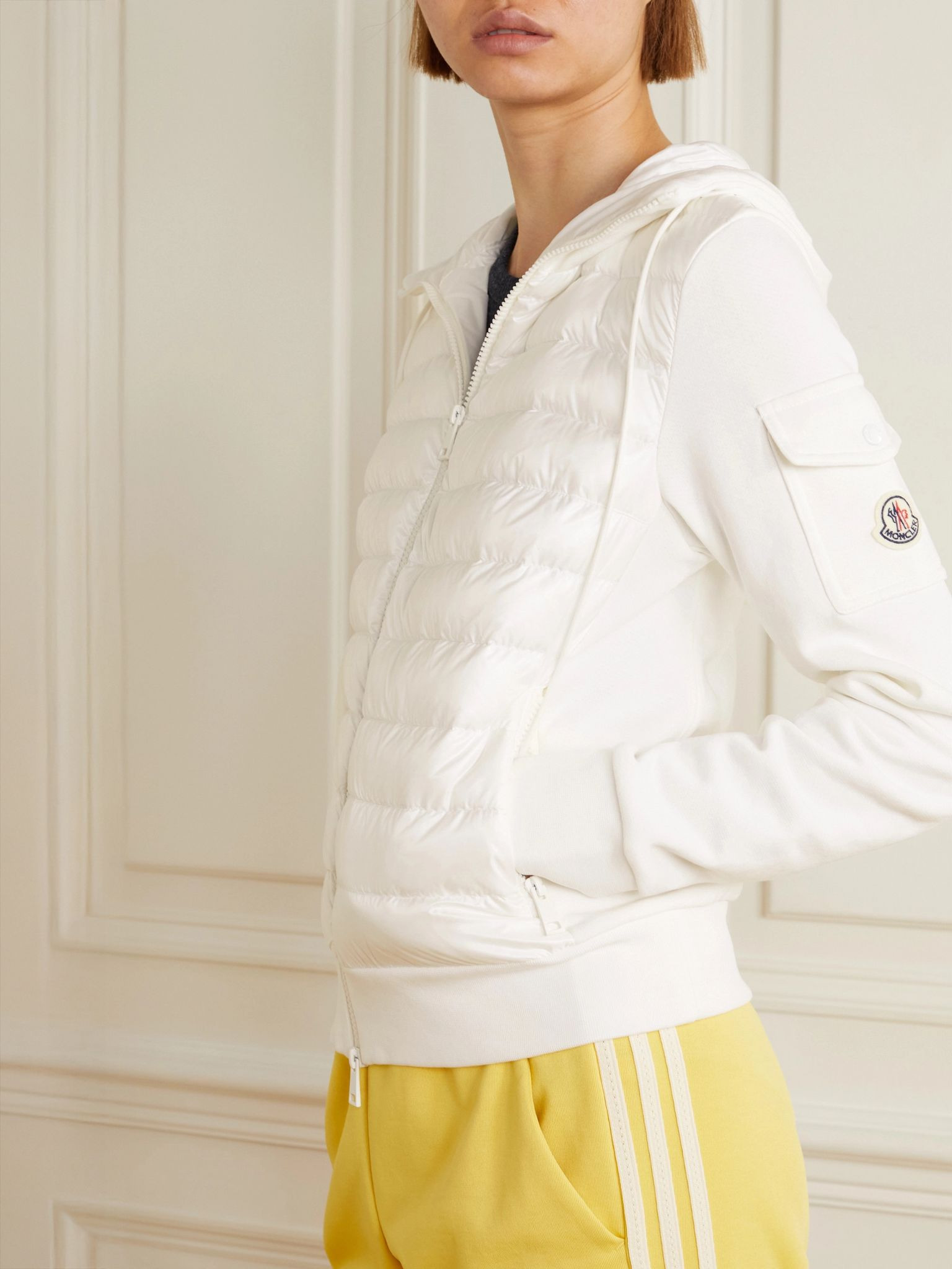 Paneled cotton-blend terry and quilted shell down hoodie White - 3
