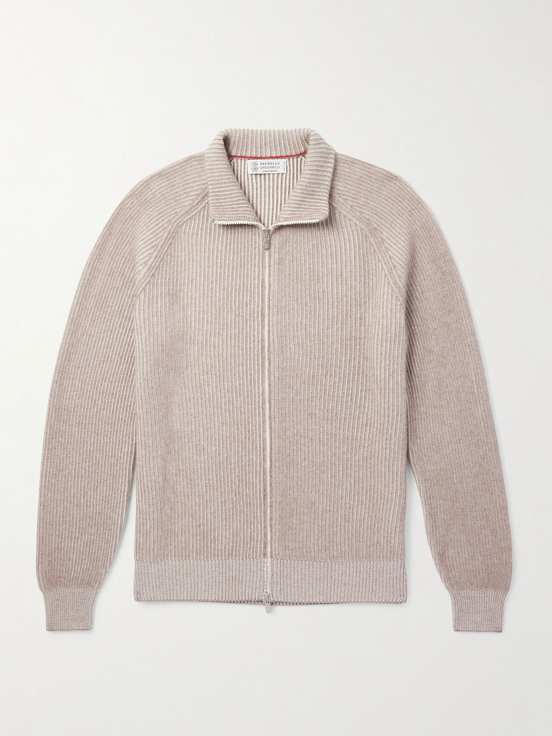 Slim-Fit Ribbed Cashmere Zip-Up Cardigan Beige 1