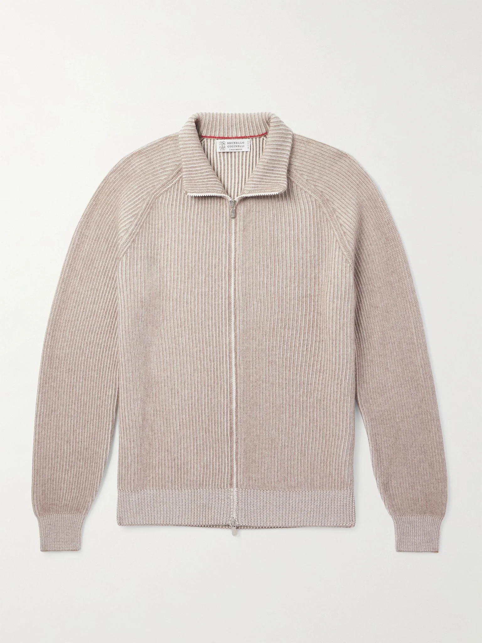 Slim-Fit Ribbed Cashmere Zip-Up Cardigan Beige - 1