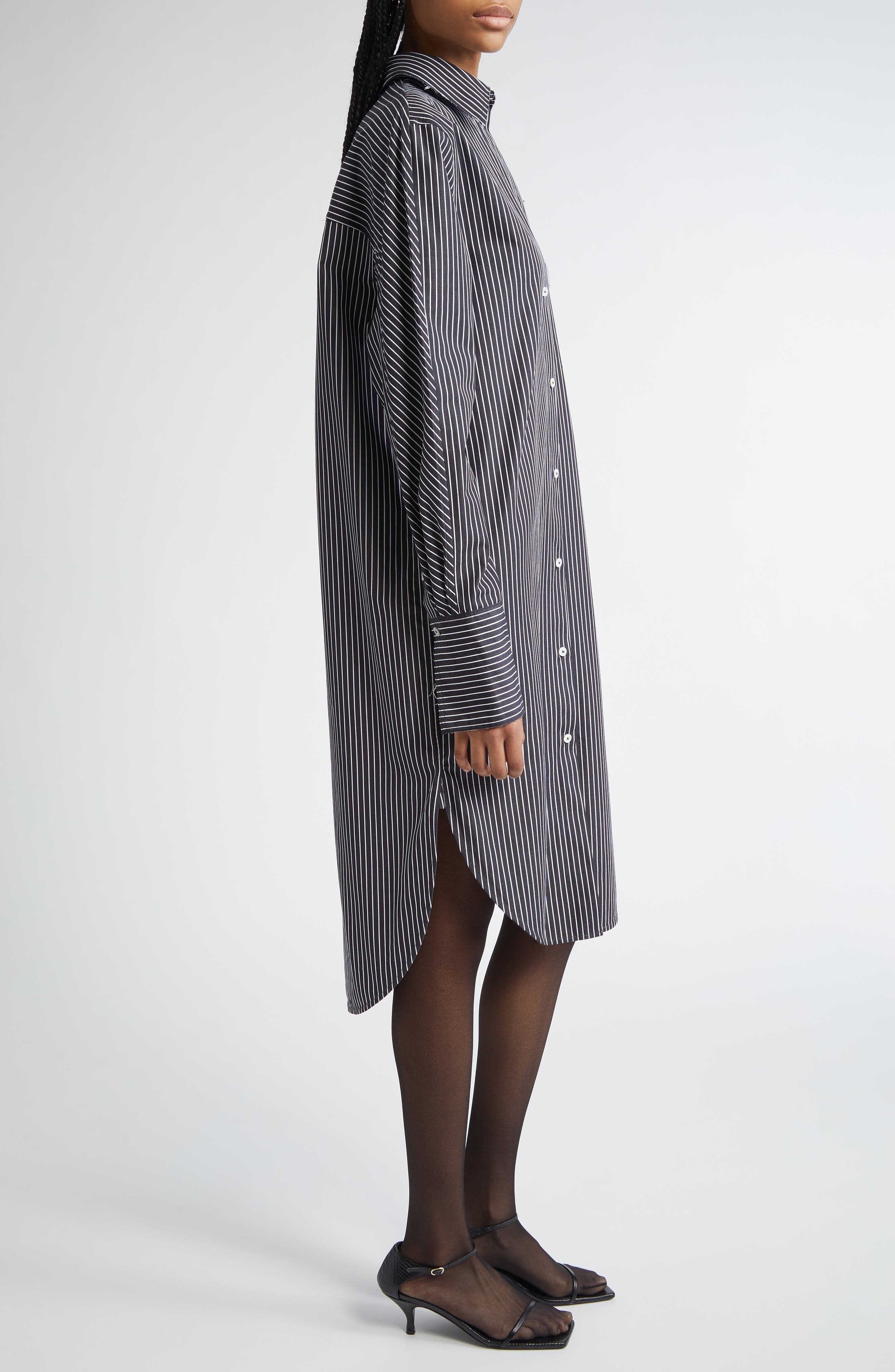TOTEME Stripe Oversize Long Sleeve Organic Cotton Poplin Shirtdress in Black/White at Nordstrom - 3