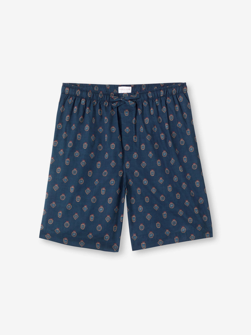 Derek Rose Men's Lounge Shorts Cotton Batiste Navy Badge Print outlook