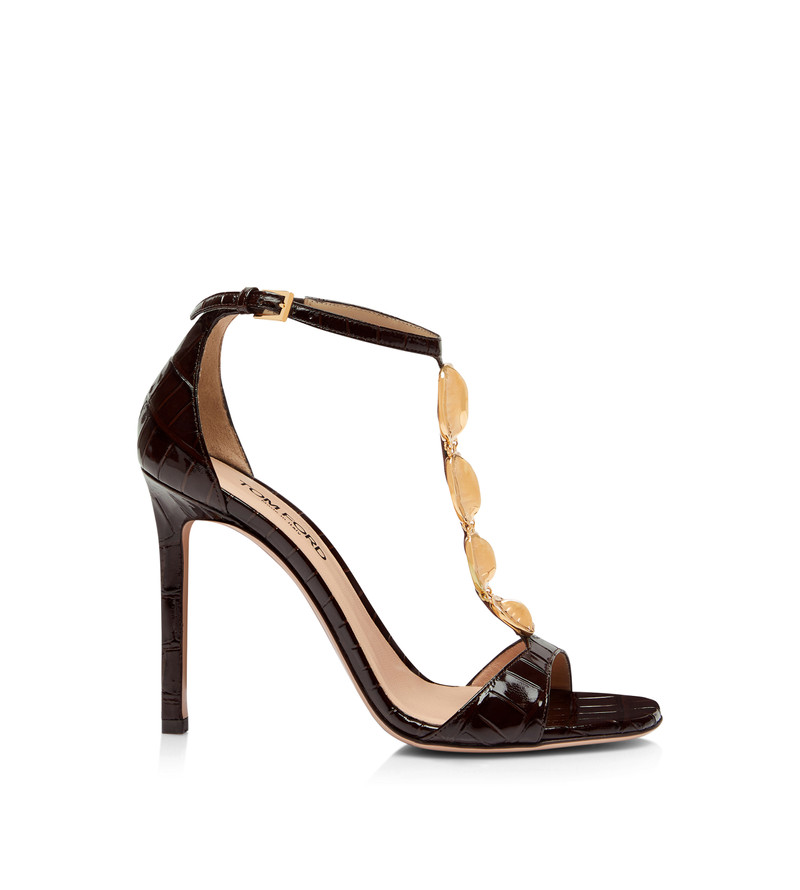 GLOSSY STAMPED CROCODILE LEATHER TITAN T STRAP SANDAL 1