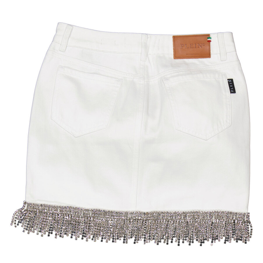 Philipp Plein White Crystal Fringe Denim Skirt - 2