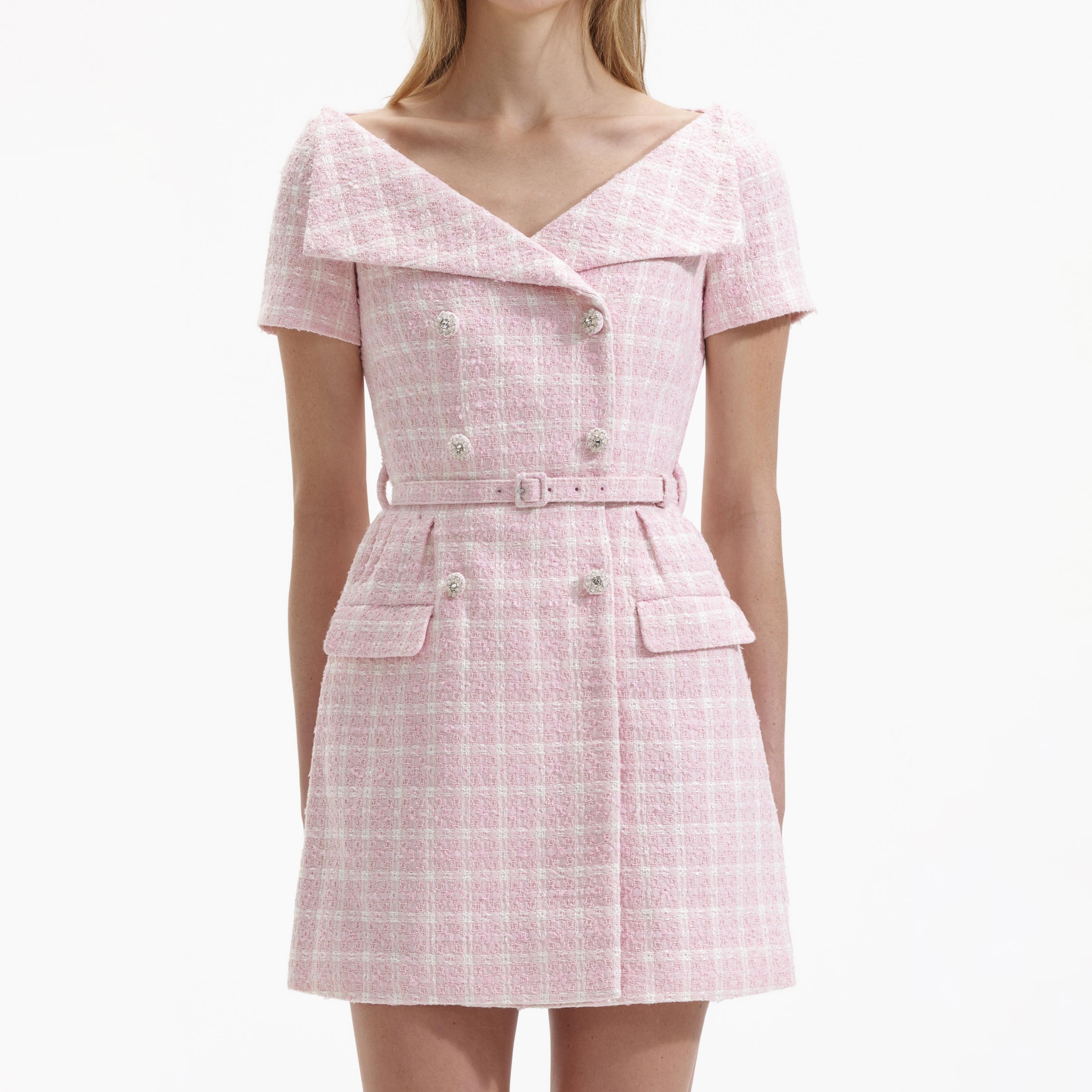 Pink Boucle Off Shoulder Mini Dress - 4
