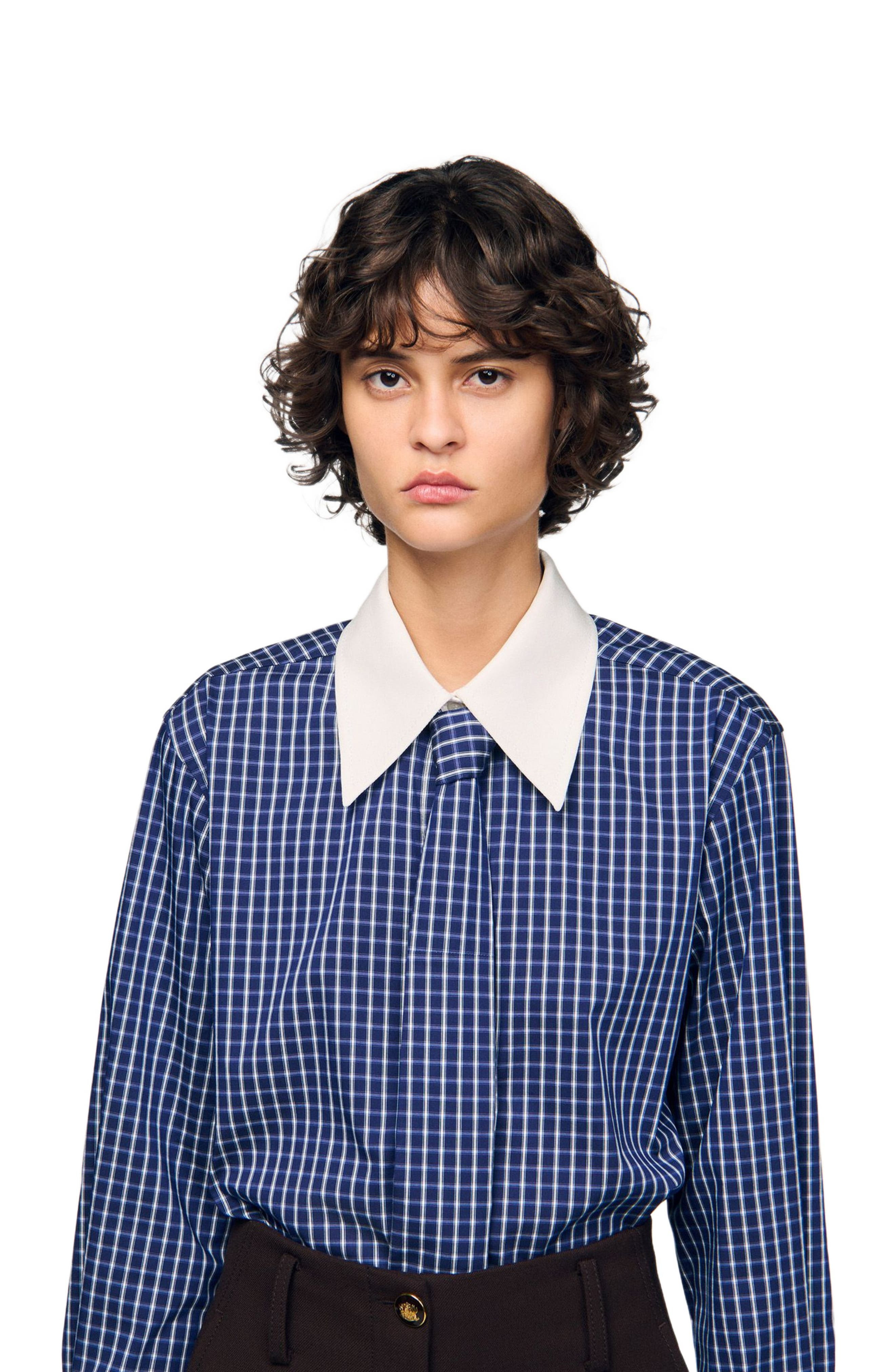 SANDRO Check shirt with tie in Blue /Black at Nordstrom - 4