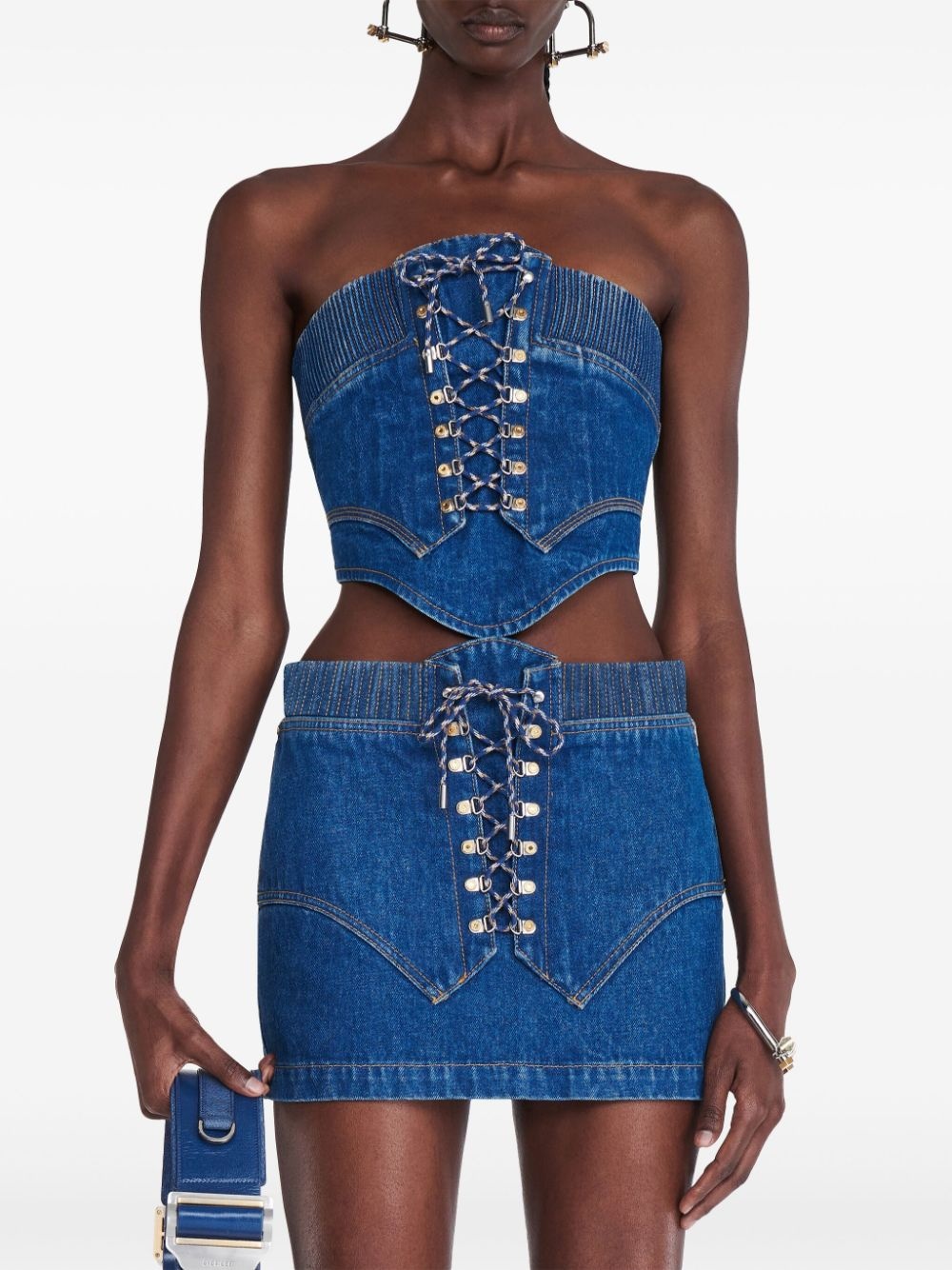 lace-up denim skirt - 5