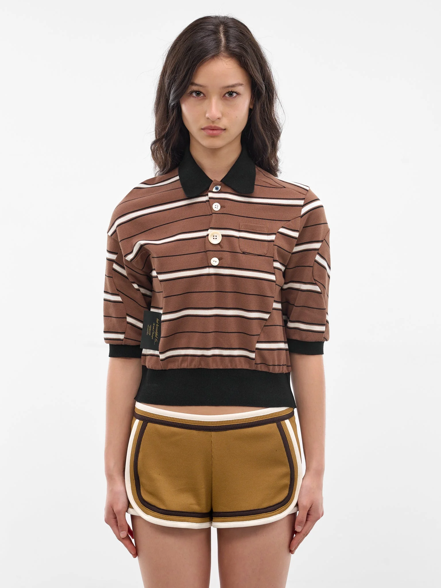 Brown Striped Knit Pique Polo - 1