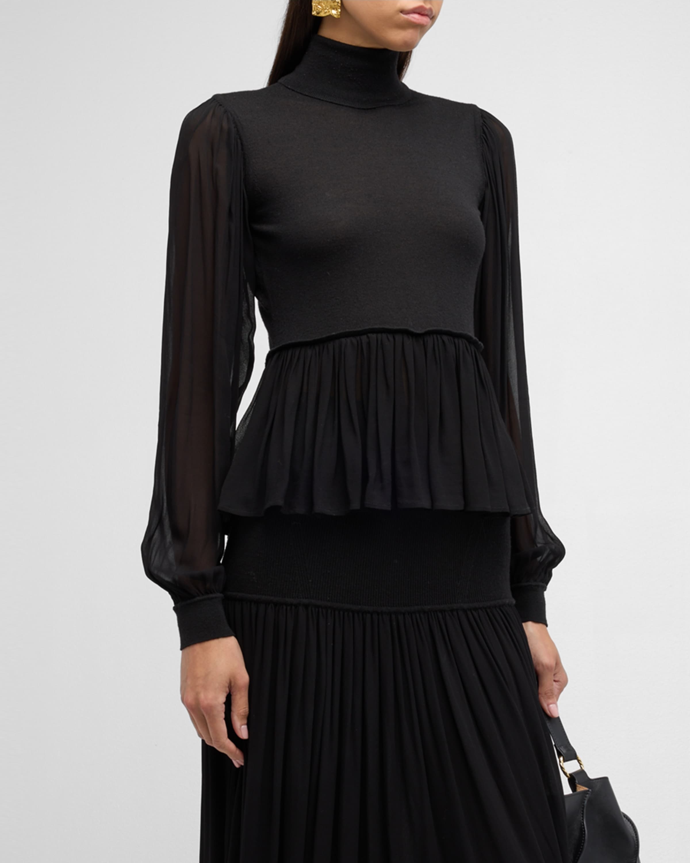 Liana Sheer-Sleeve Wool and Silk Combo Turtleneck Top - 2