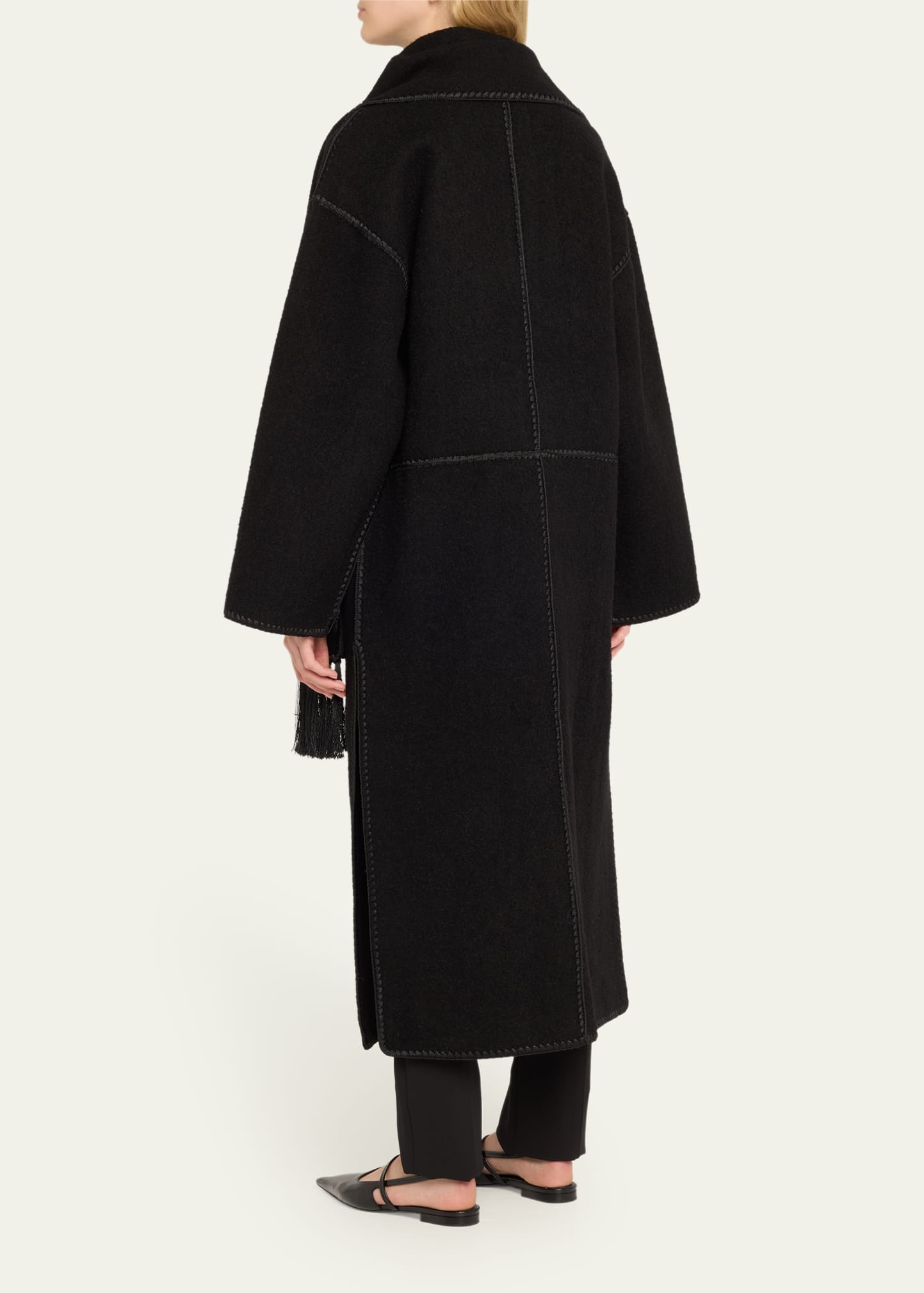 Fringe Embroidered Scarf Wool Coat - 3