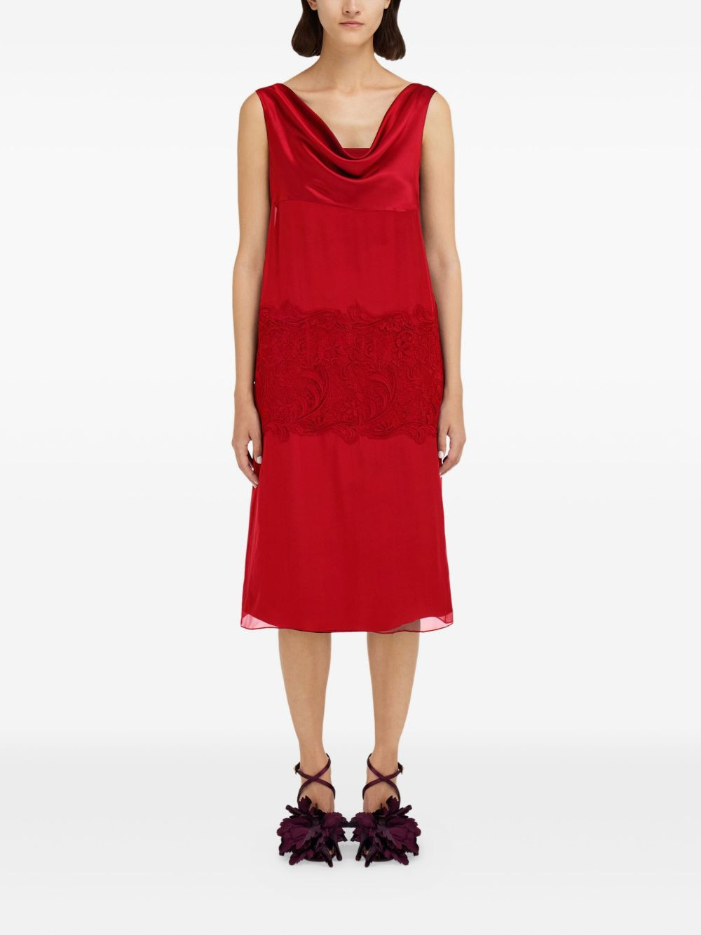 cowl-neck lace-insert midi dress - 2