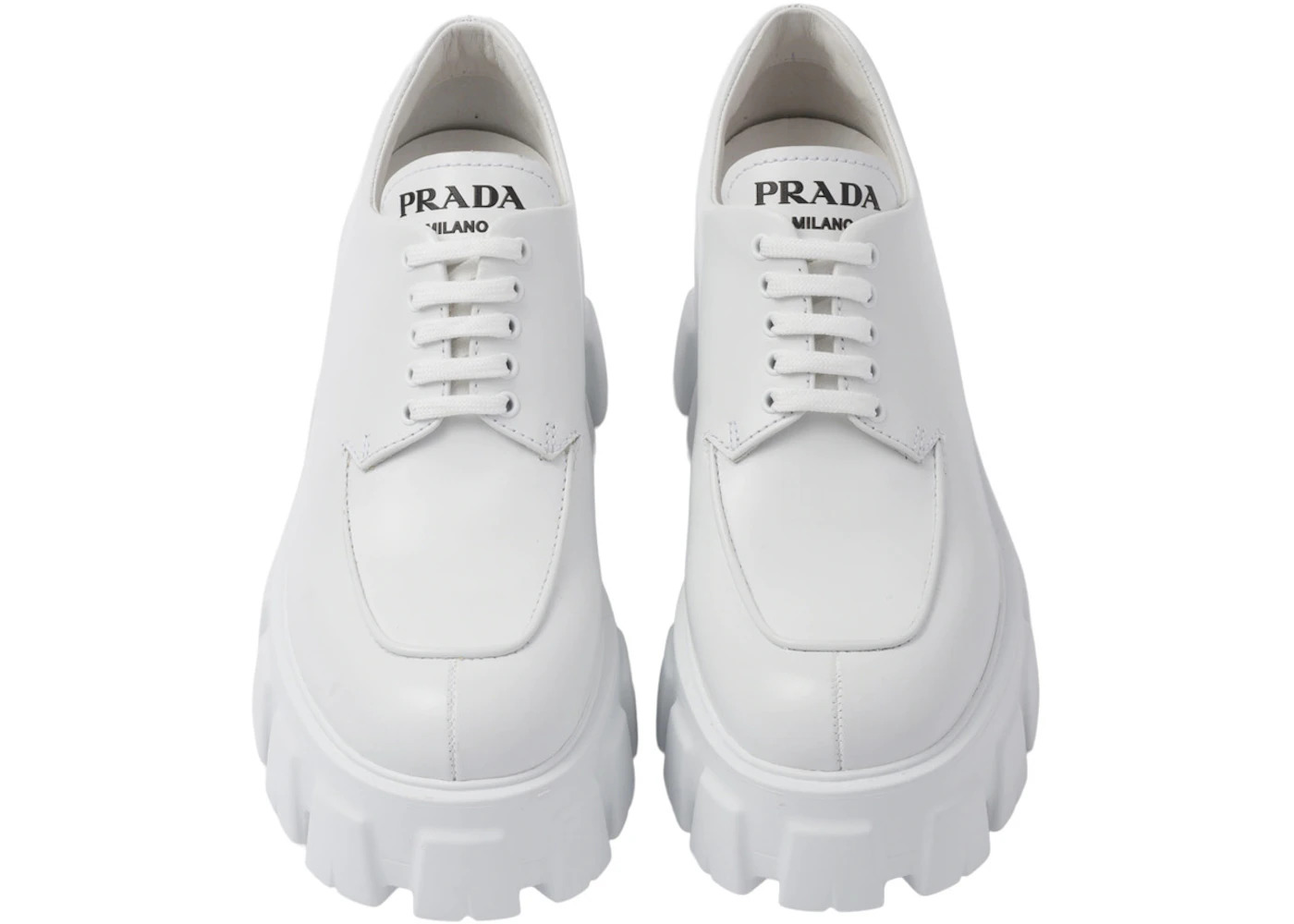 Prada Monolith 55mm Lace Up Loafer White Brushed Leather - 3