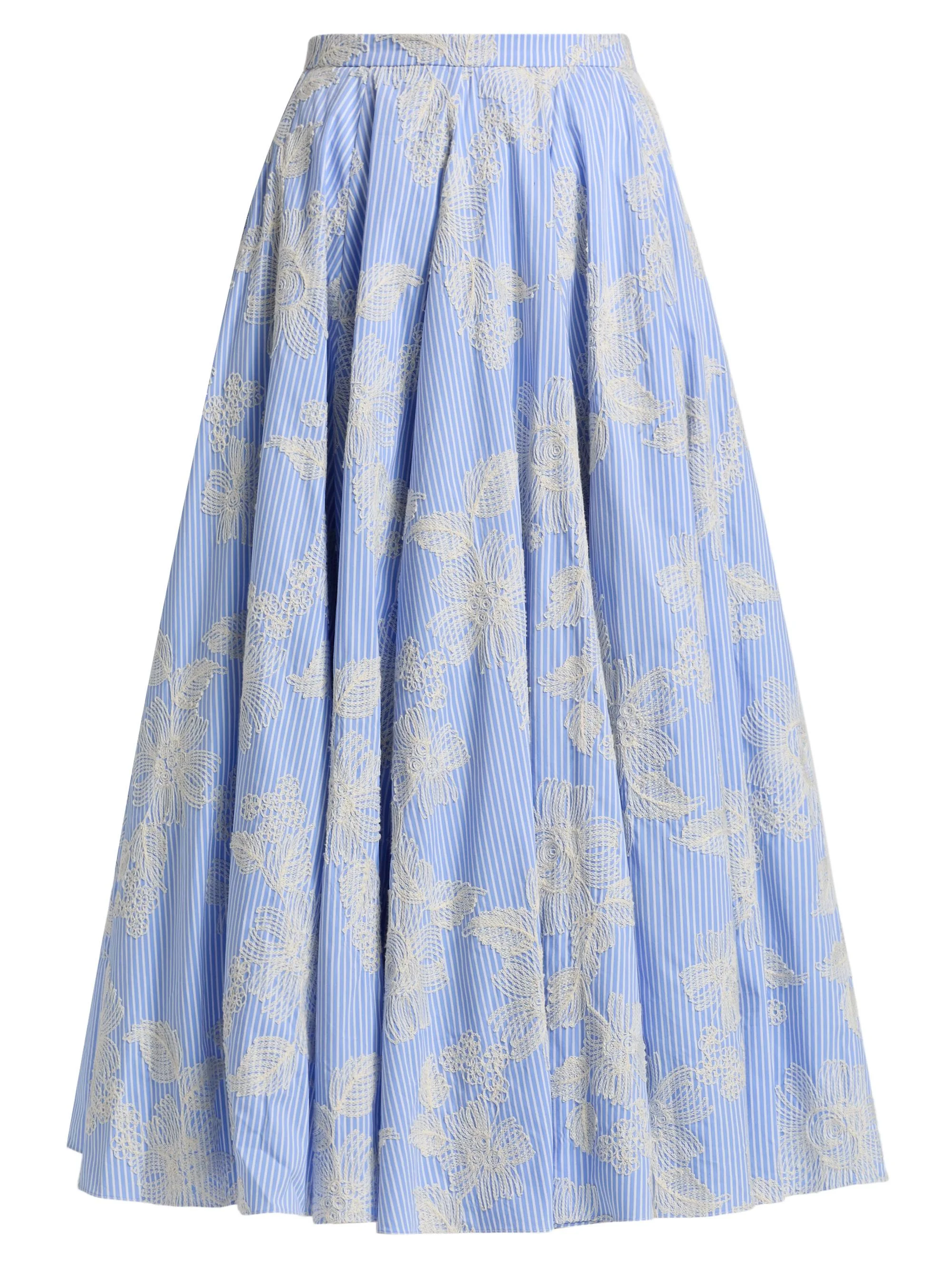 Women's Soleil Floral-Embroidered Pinstripe Midi-Skirt - Ivory And Blue Floral - 1