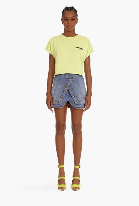 Cropped lime green cotton T-shirt with black flocked Balmain logo - 4