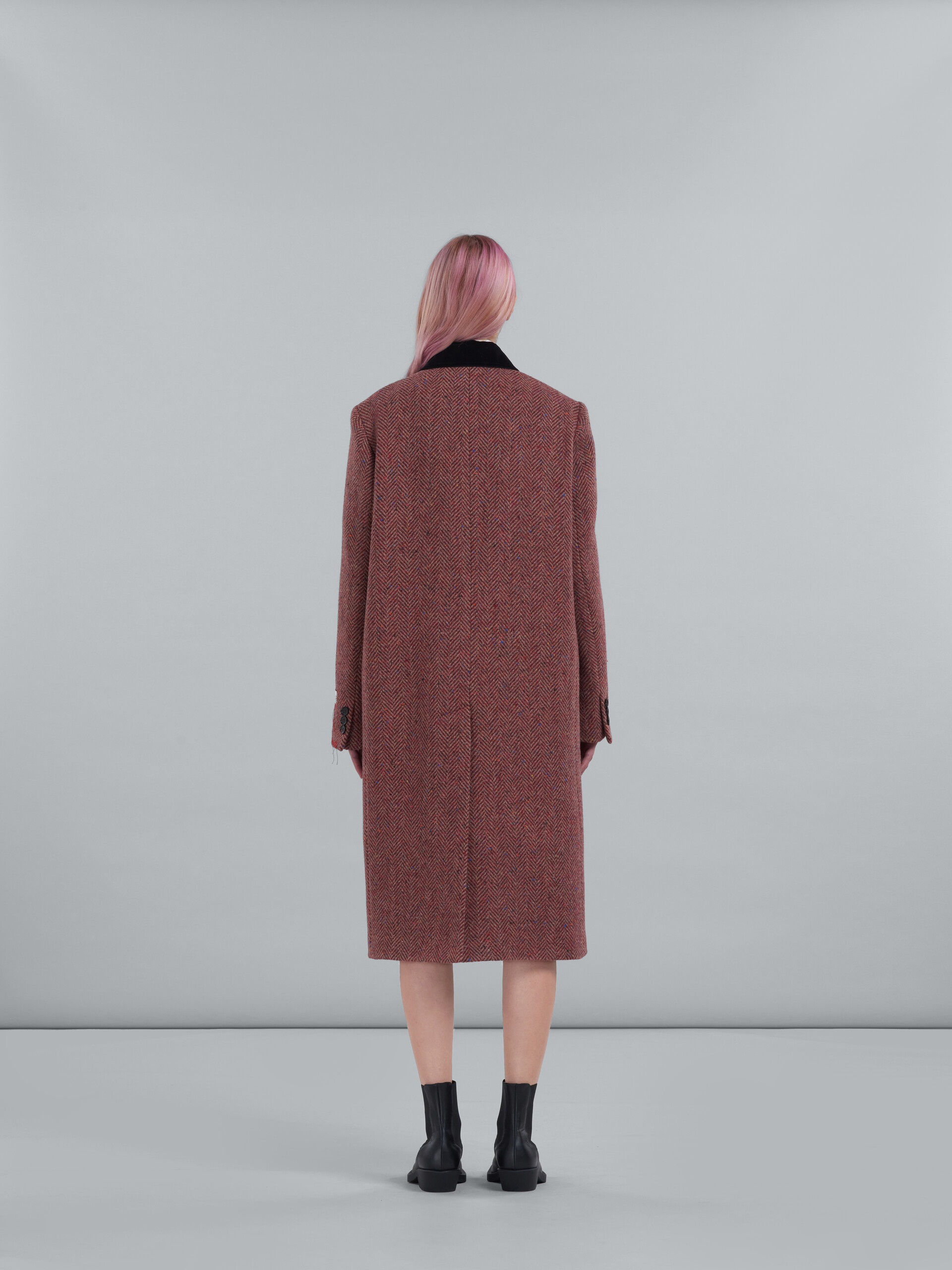 BURGUNDY CHEVRON WOOL COAT WITH VELVET COLLAR - 3