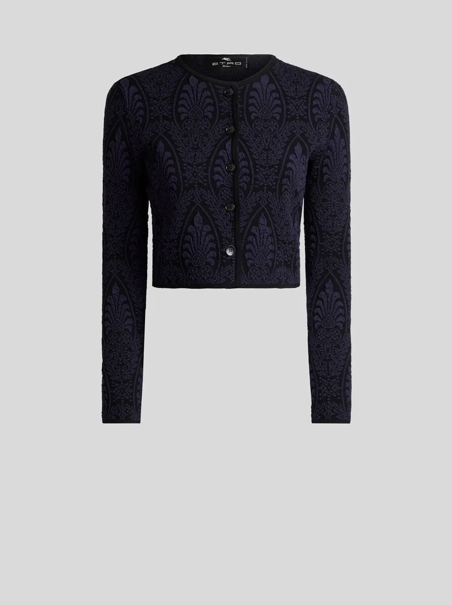 CROPPED JACQUARD CARDIGAN WITH MEDALLION MOTIF - 1