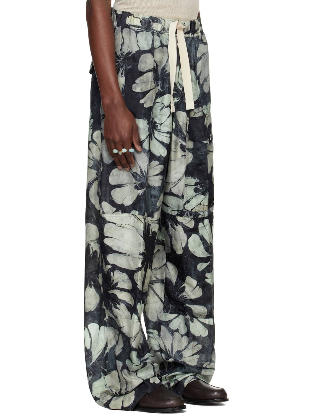 Navy & Green Silk Drawstring Cargo Pants - 2