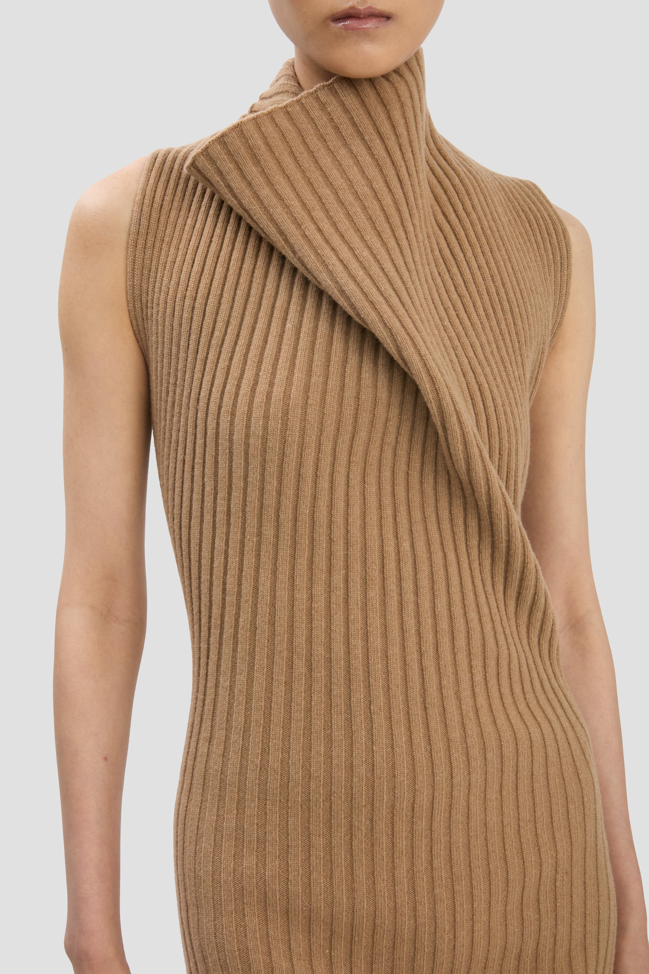 Draped Sleeveless Rib Midi Dress In Dark Camel - 3