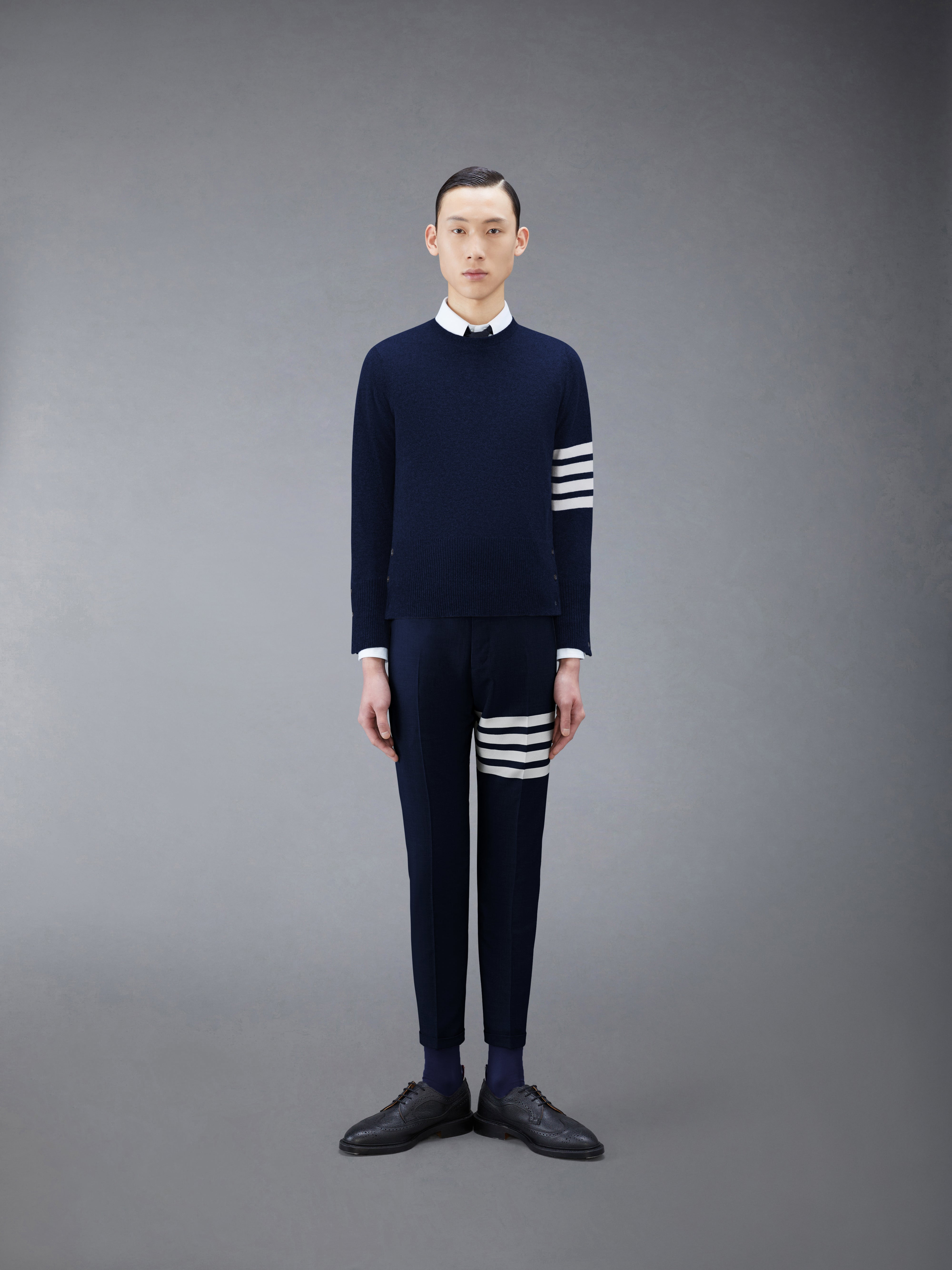 Navy Shetland Cashmere 4-Bar Crew Neck Jumper - 3