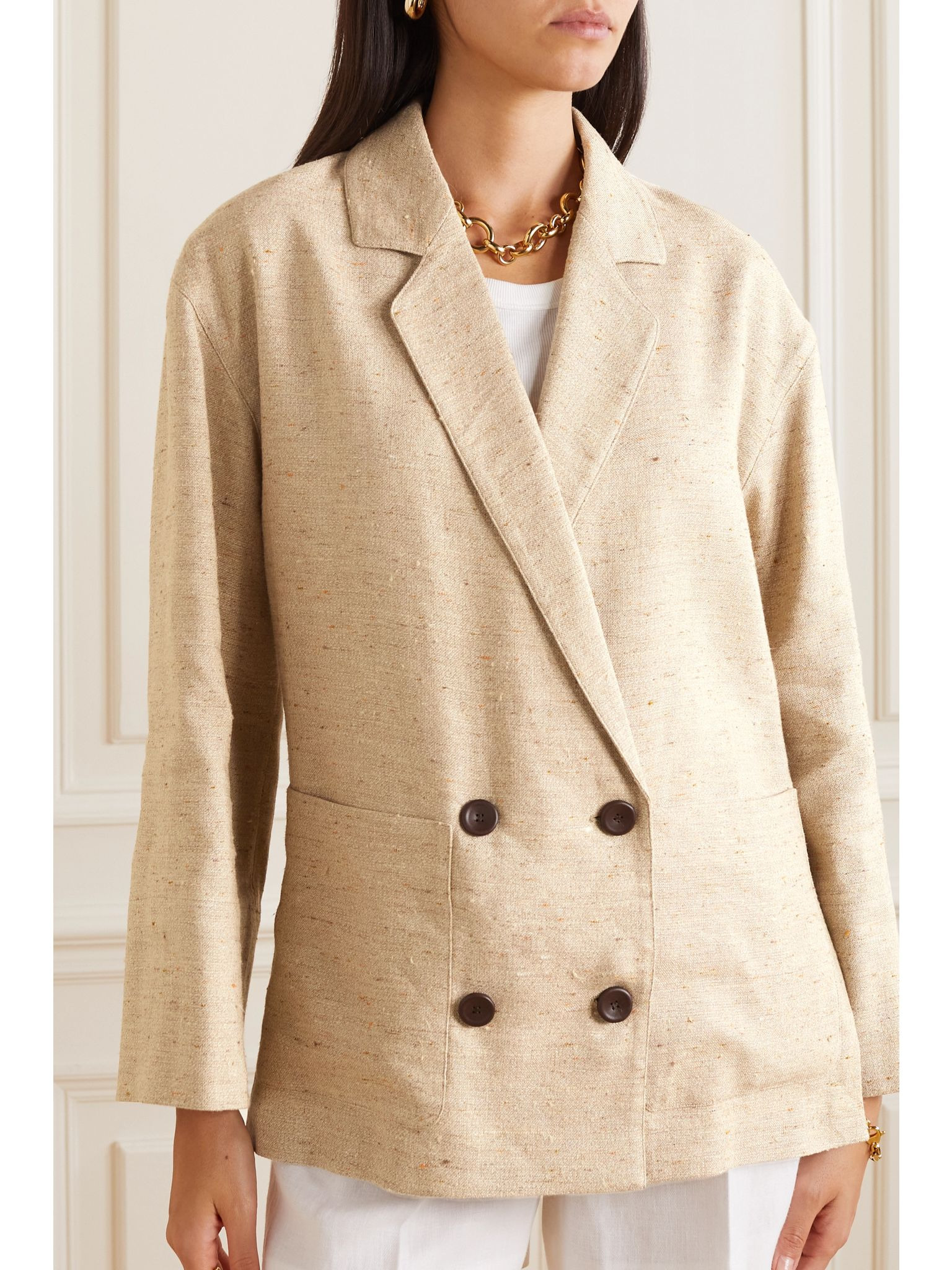 Haye double-breasted linen, cashmere and silk-blend blazer Beige - 3