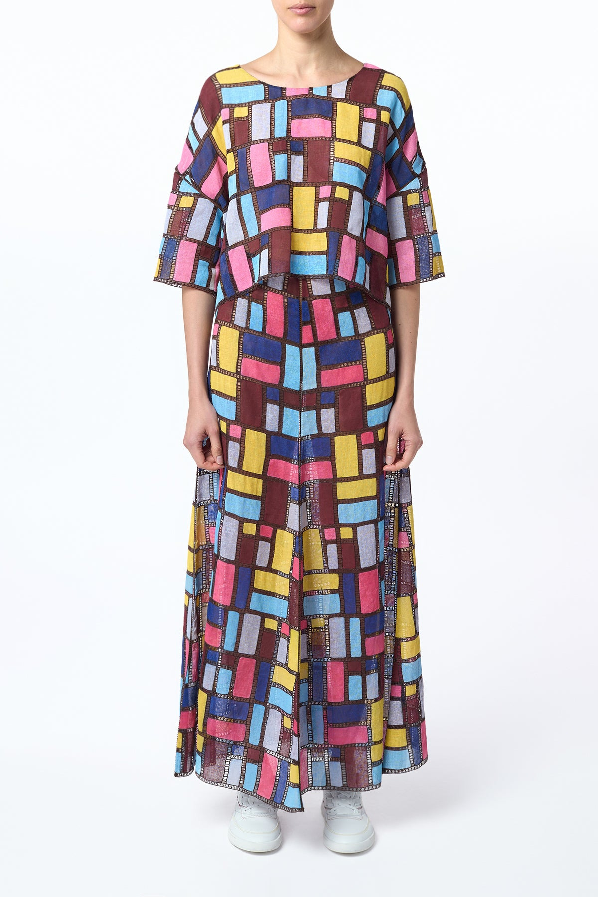 Selma Patchwork Embroidered Maxi Skirt in Aurora Multi Linen - 2
