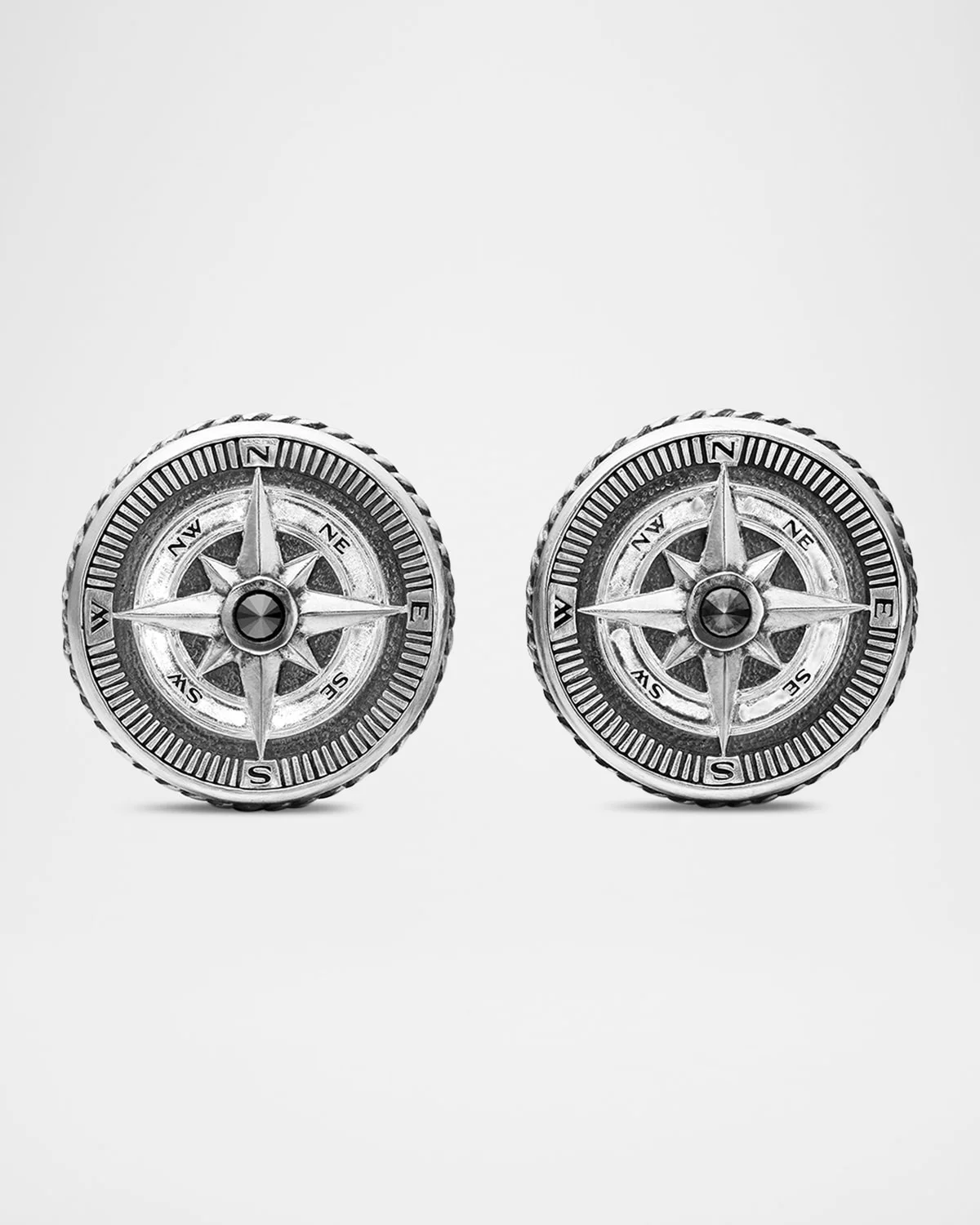 Men's Maritime Compass Cufflinks with Diamonds in Silver, 16mm - 1