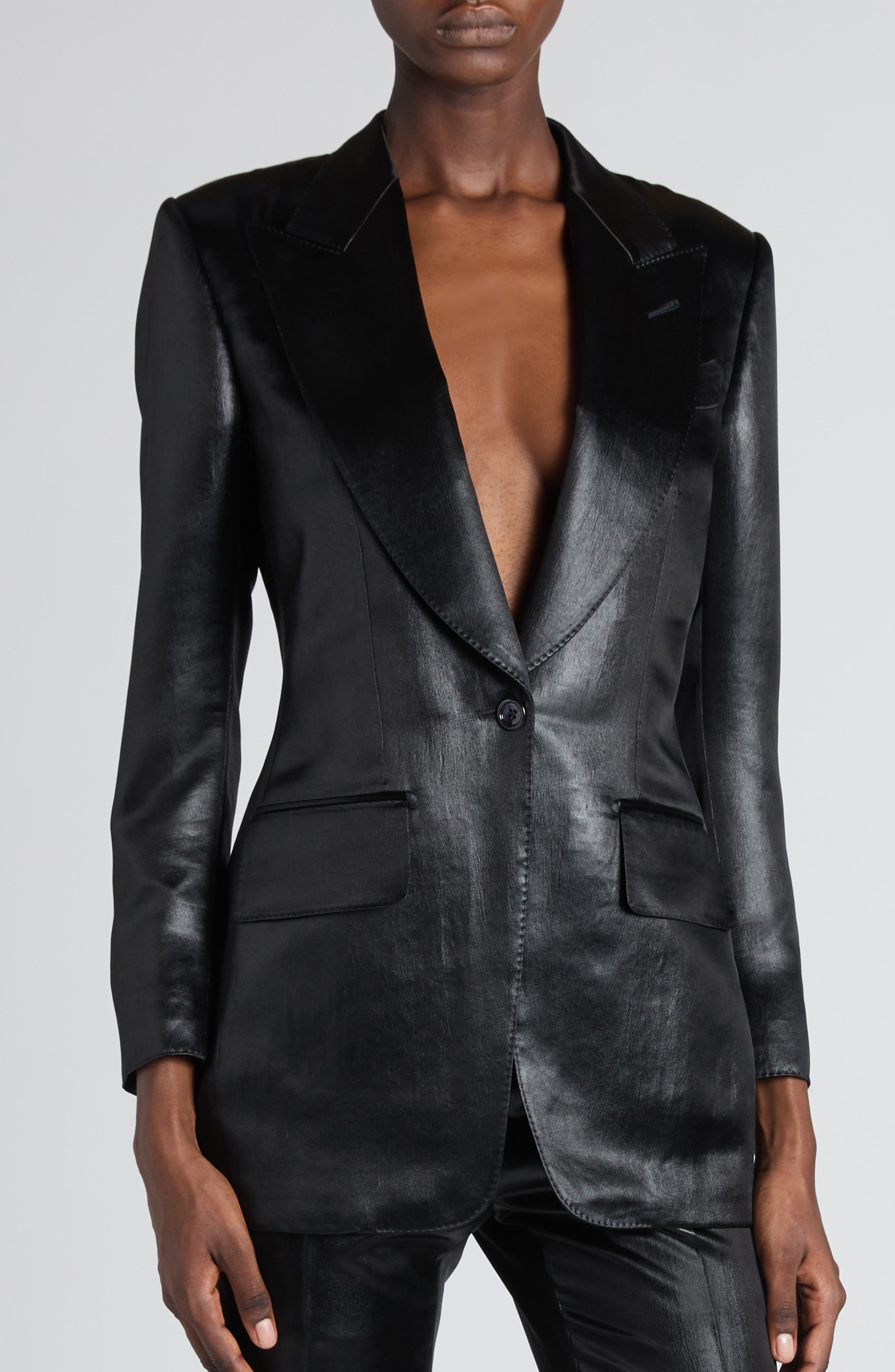TOM FORD Bianca Single Breasted Liquid Satin Blazer in Black at Nordstrom - 5