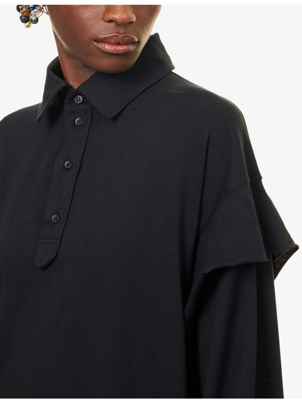 Oversized Long-Sleeves Cotton-Jersey Polo Shirt - 5