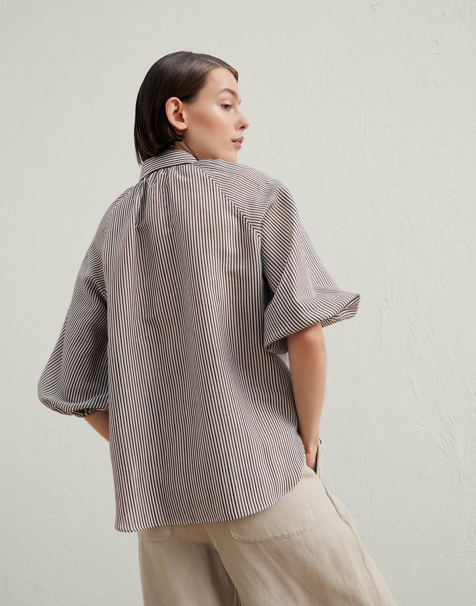 Cotton and silk sparkling stripe poplin shirt with monili - 2