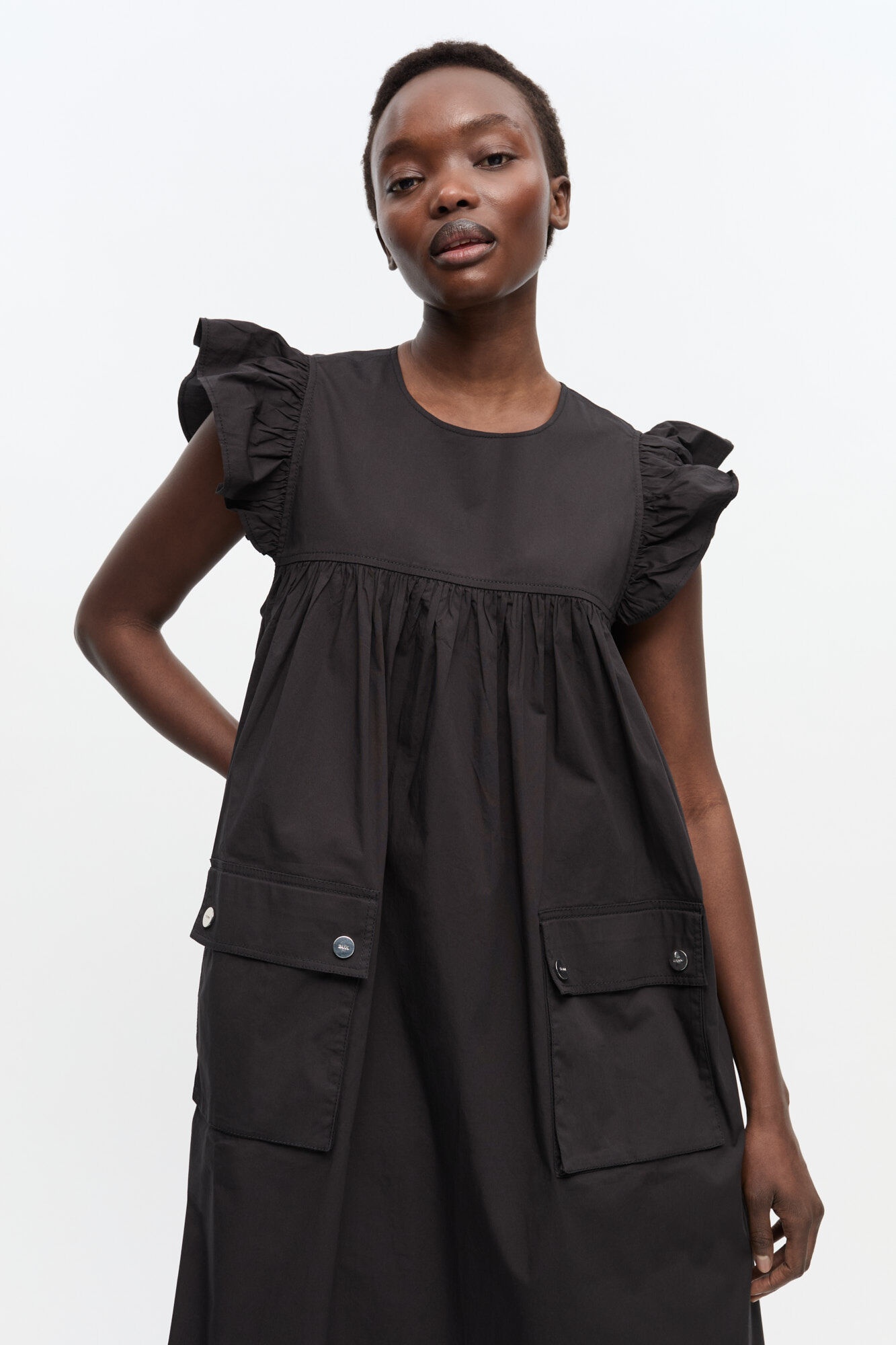 BLACK STRETCH COTTON FRILL SLEEVE DRESS - 4