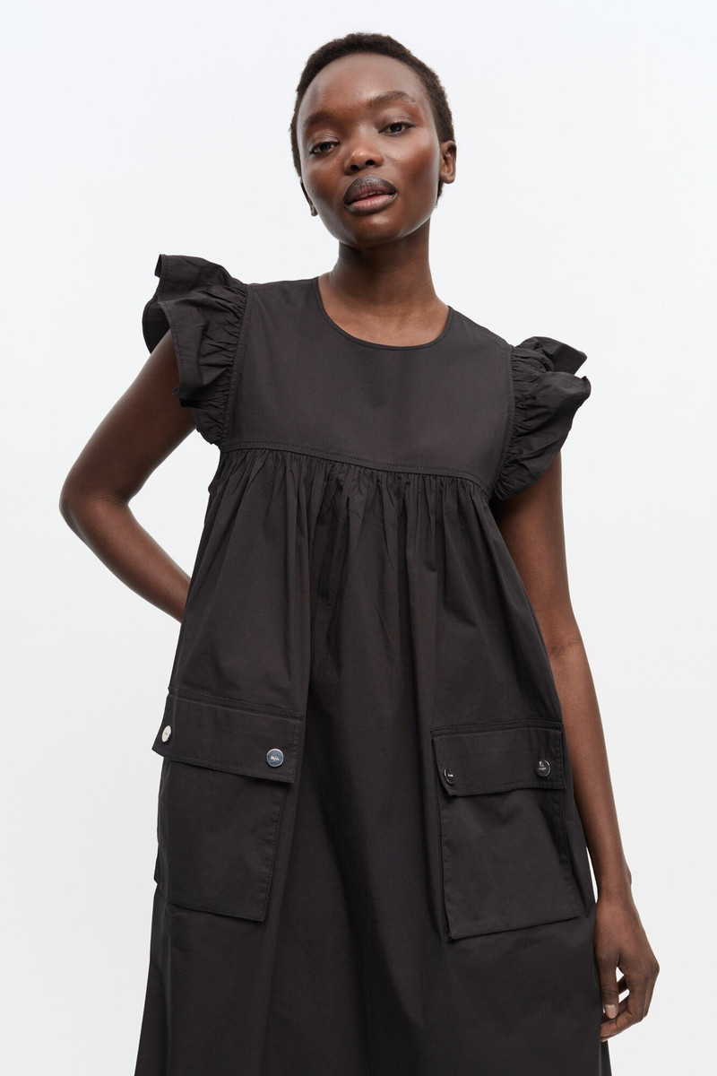 BLACK STRETCH COTTON FRILL SLEEVE DRESS 4