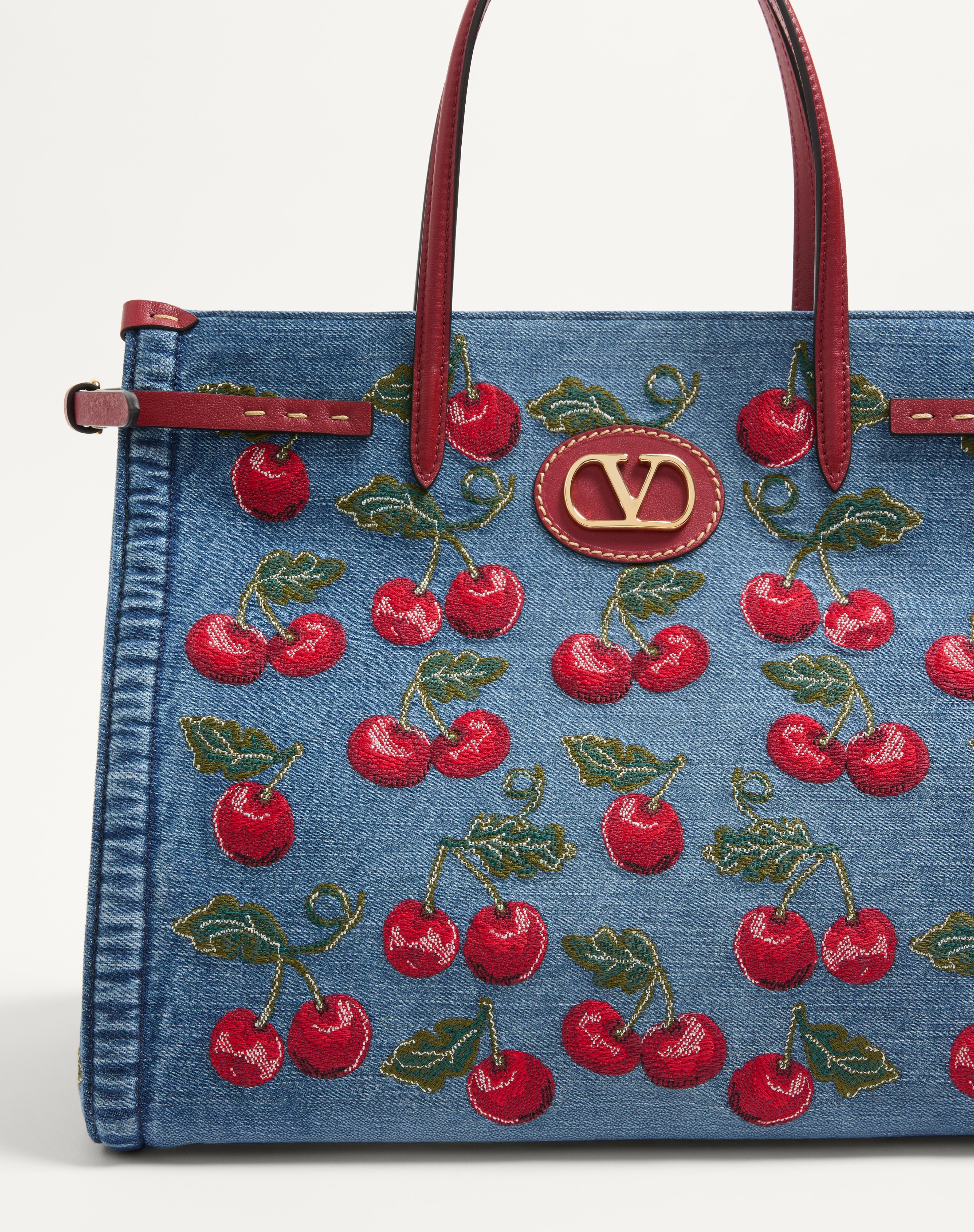 VALENTINO GARAVANI ANTIBES MEDIUM SHOPPING BAG IN DENIM WITH CHERRYFIC EMBROIDERY - 6