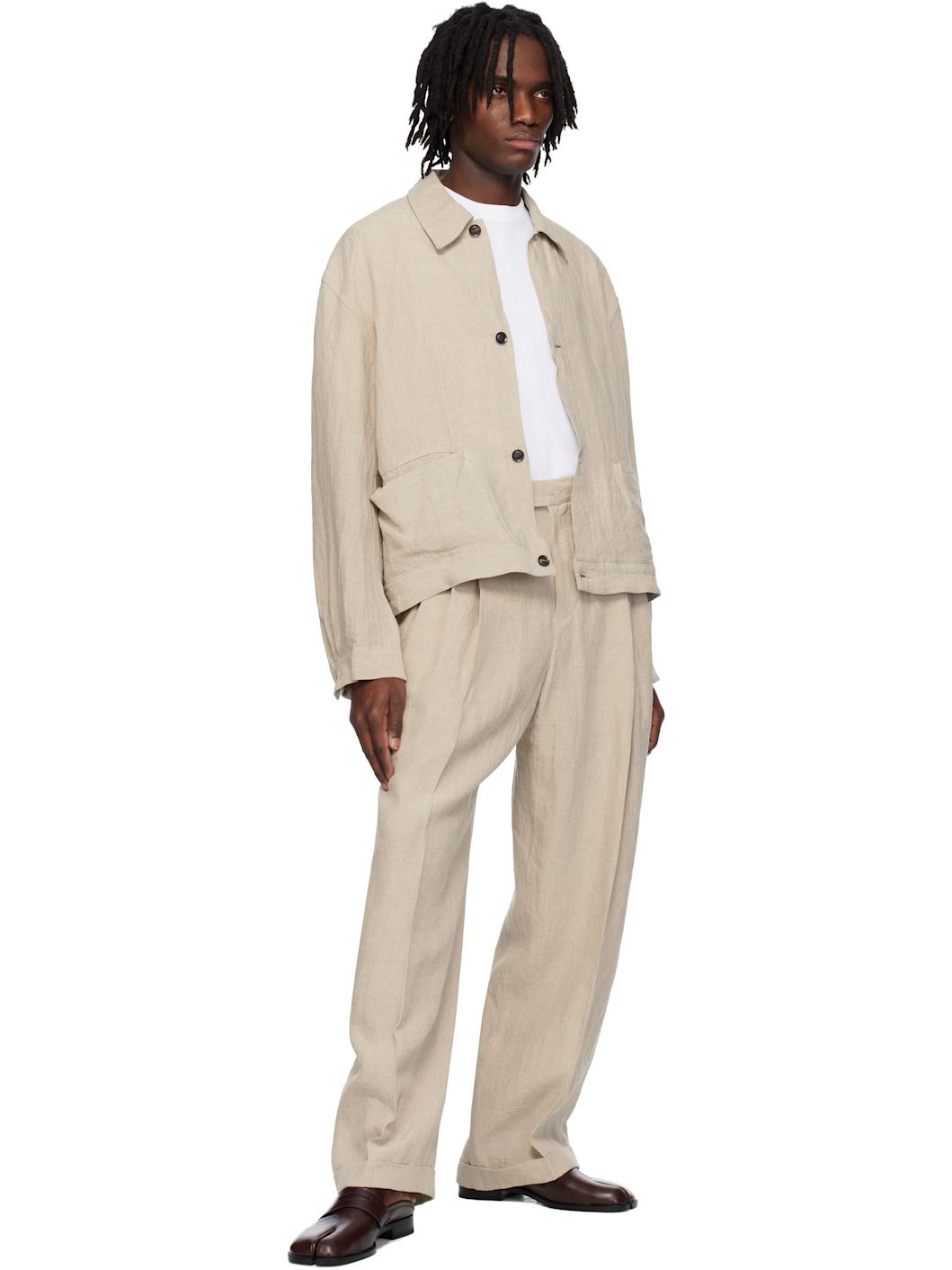 SOSHIOTSUKI Beige Linen Washer 3 Tuck Trousers | REVERSIBLE