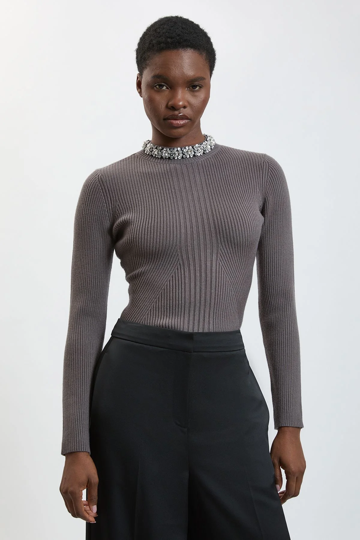 Crystal Neck Trim Viscose Ribbed Jumper With Peplum Detail - 1
